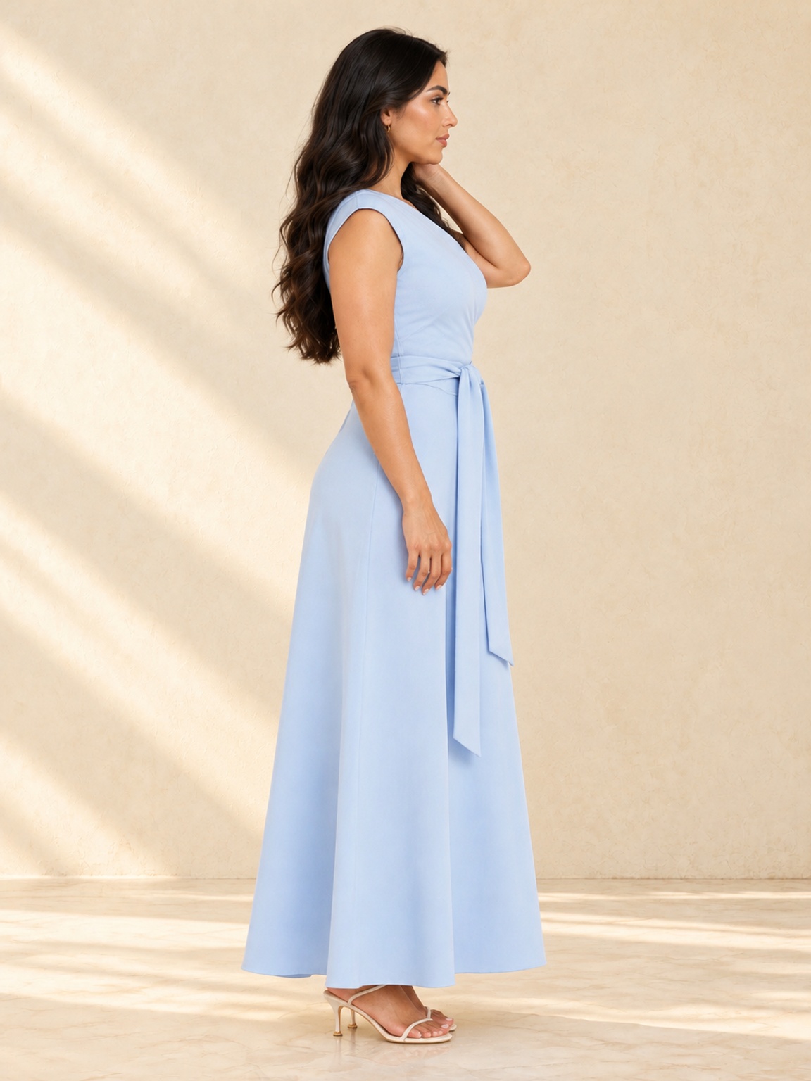 Blue One-Shoulder Maxi Dress with Tie Waist