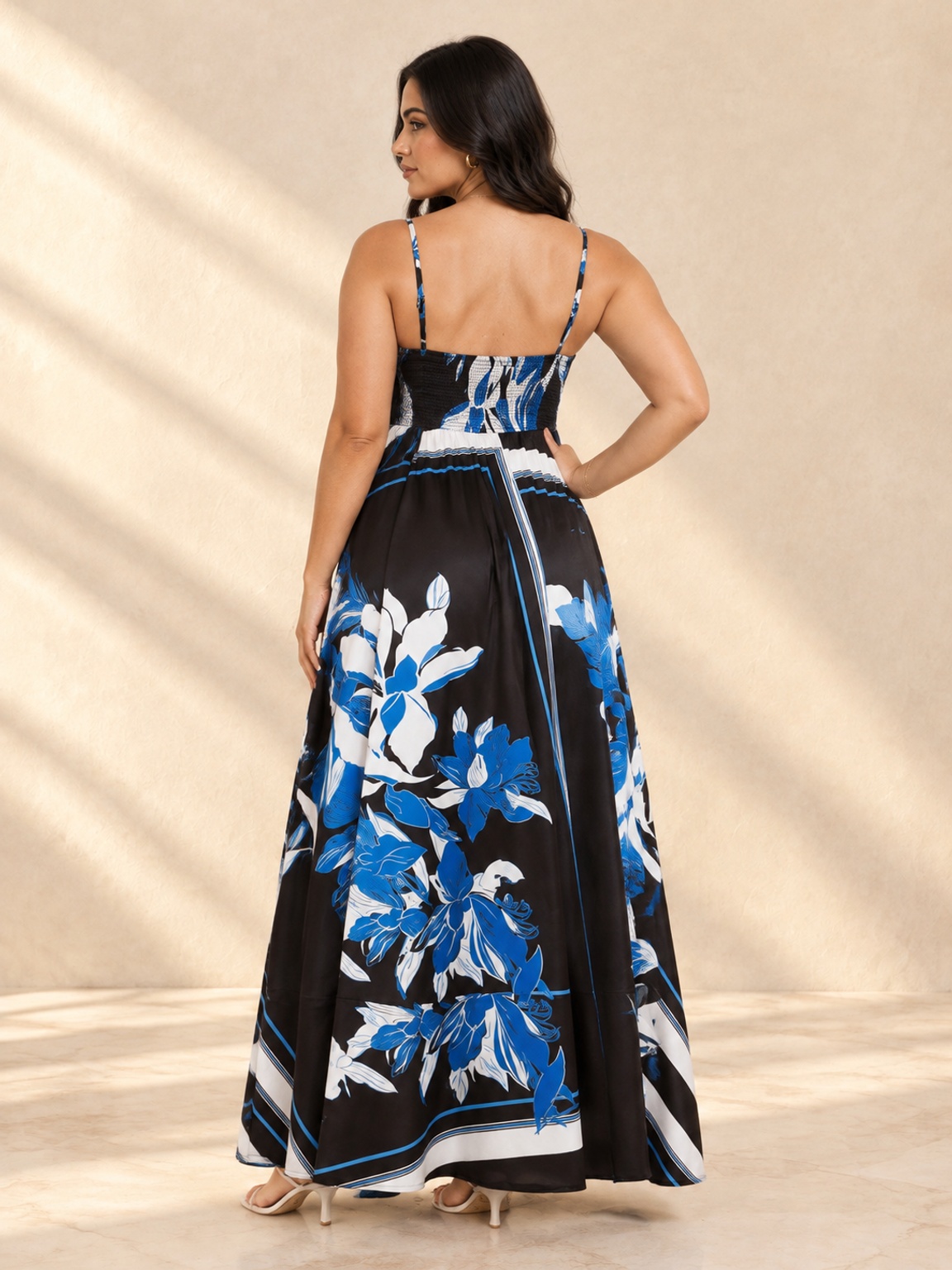Black and Blue Floral A-Line Maxi Dress with Strappy Neckline