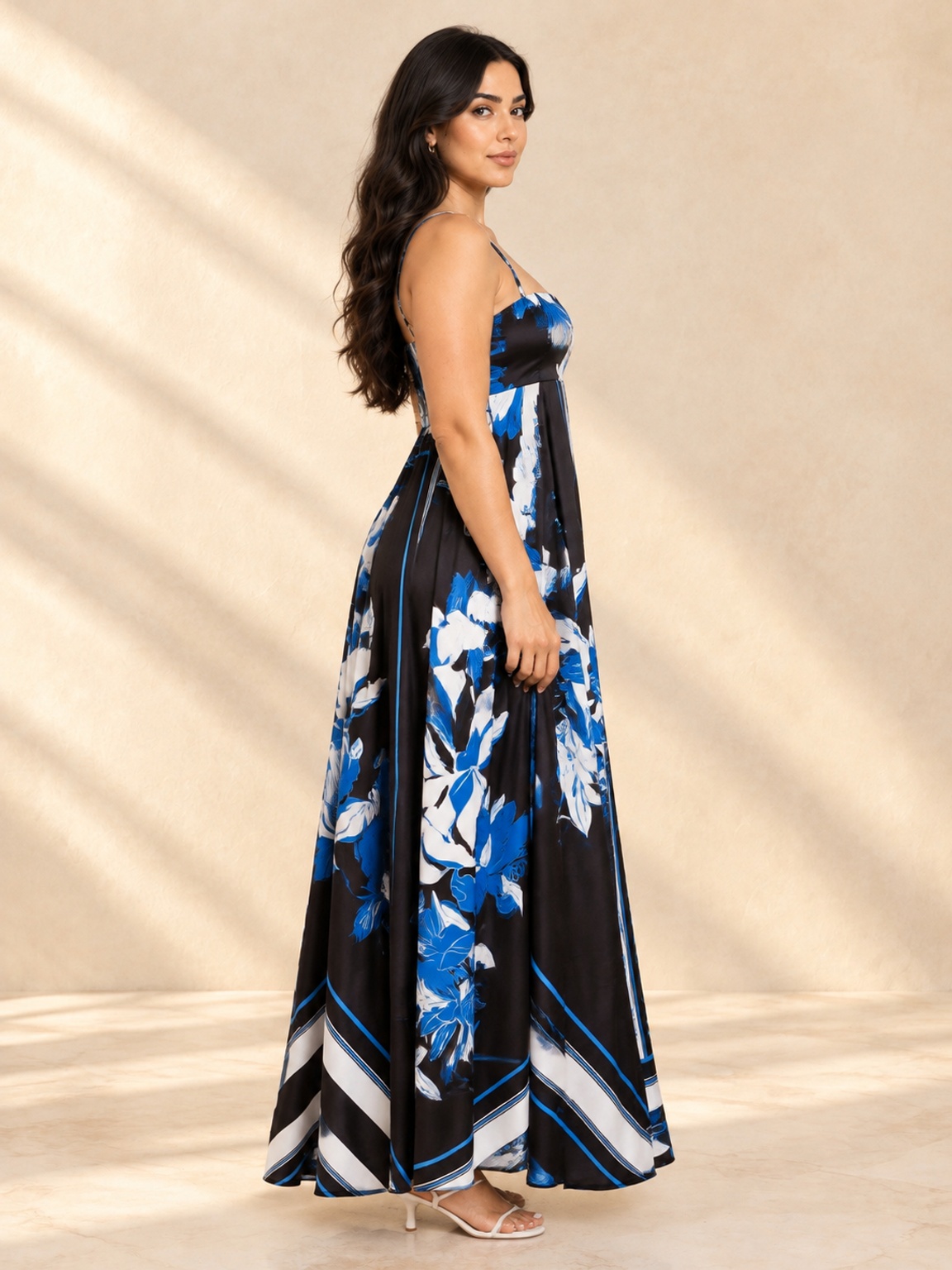 Black and Blue Floral A-Line Maxi Dress with Strappy Neckline