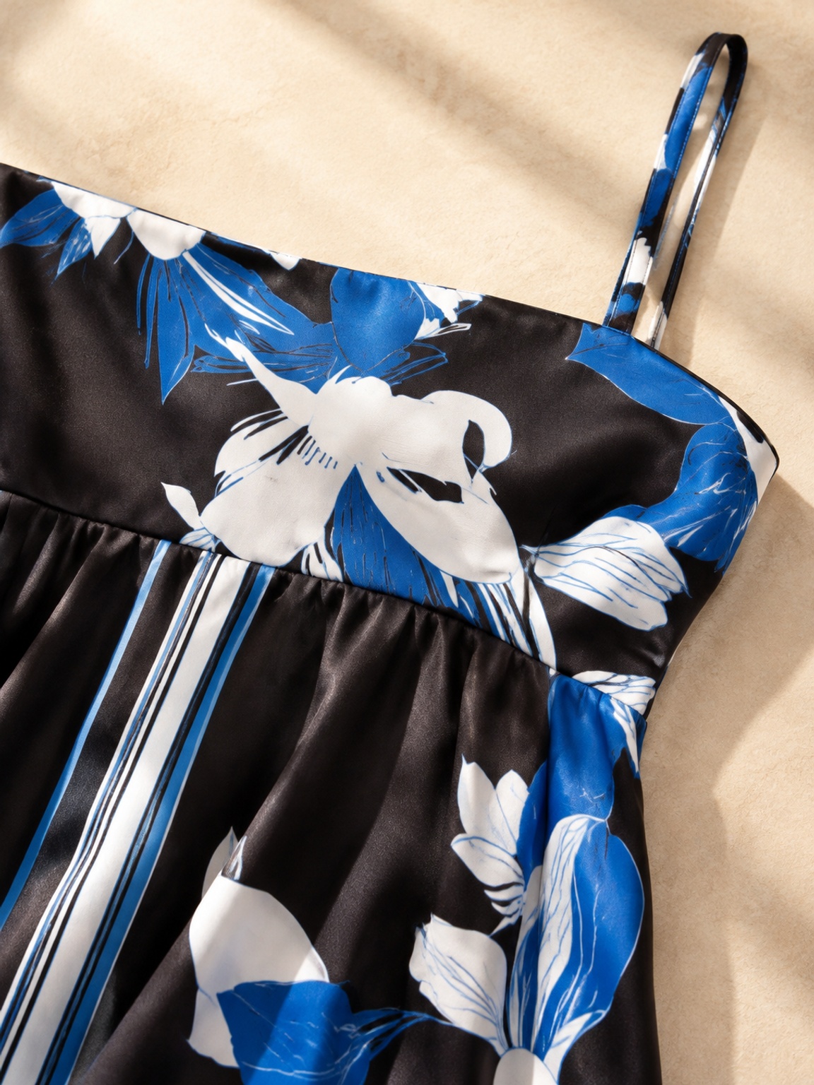 Black and Blue Floral A-Line Maxi Dress with Strappy Neckline