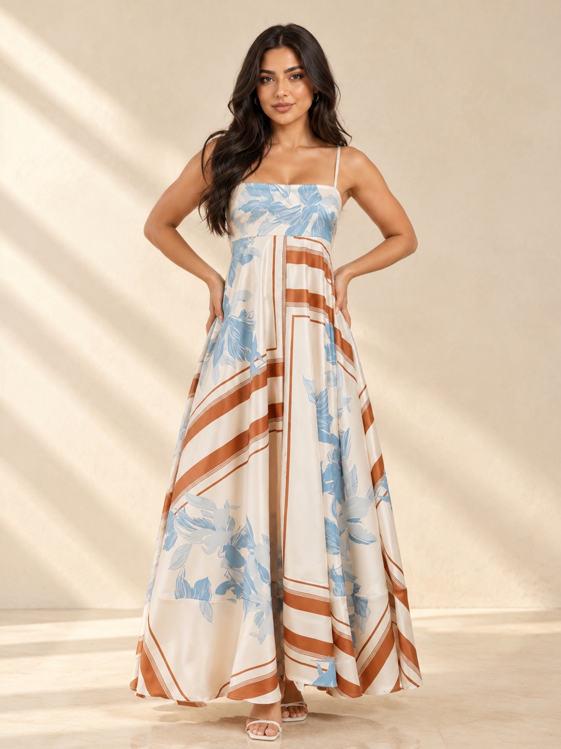 Multi Floral and Stripe A-Line Maxi Dress with Strappy Neckline