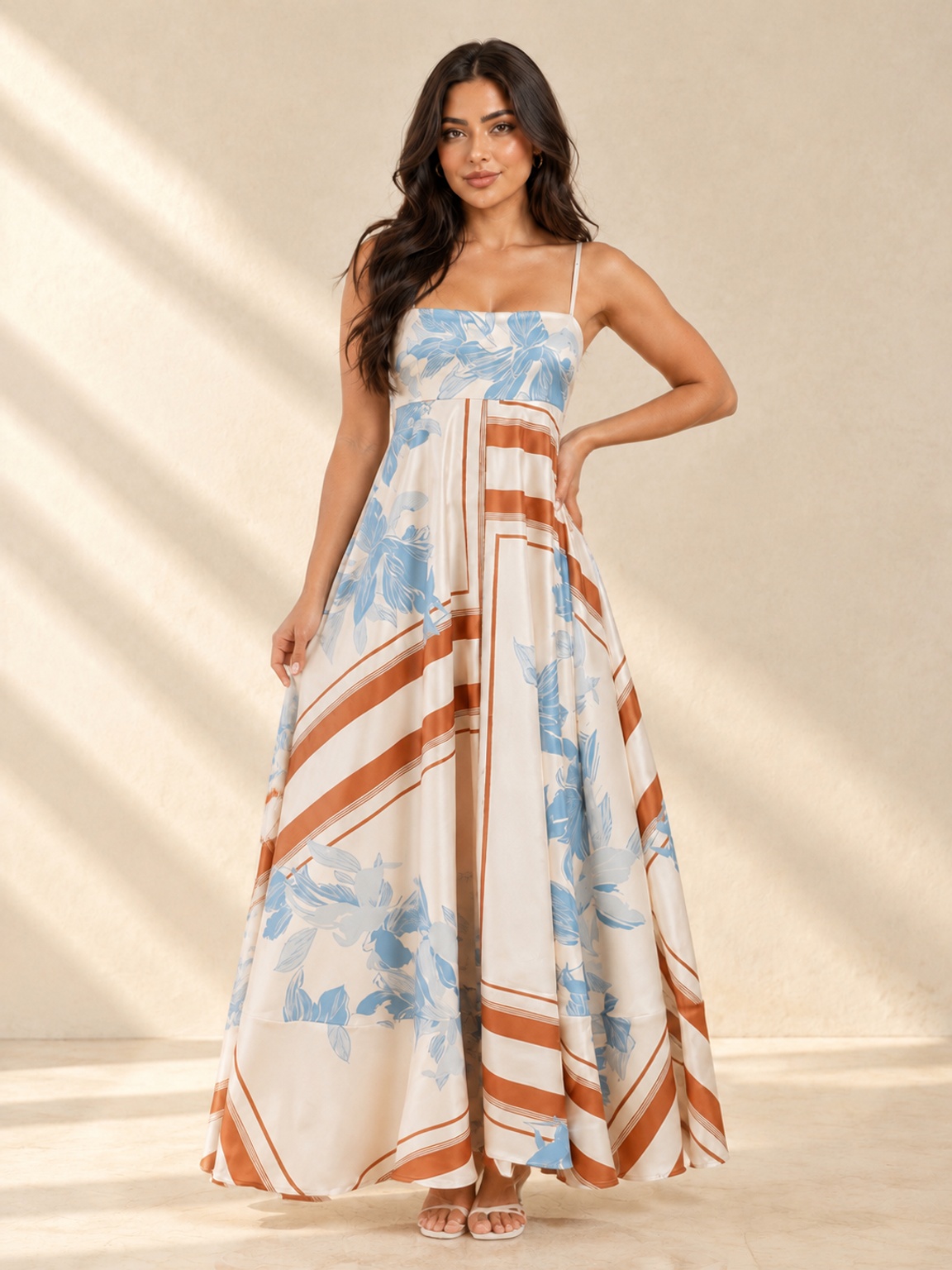 Multi Floral and Stripe A-Line Maxi Dress with Strappy Neckline