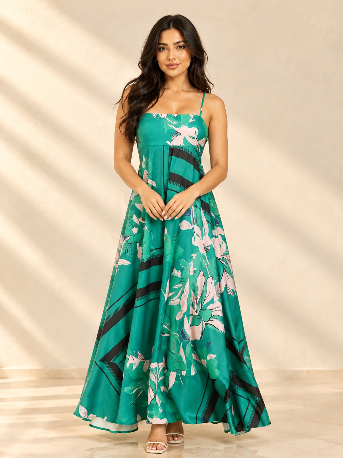 Green Floral Maxi Dress - Strappy Fit and Flare