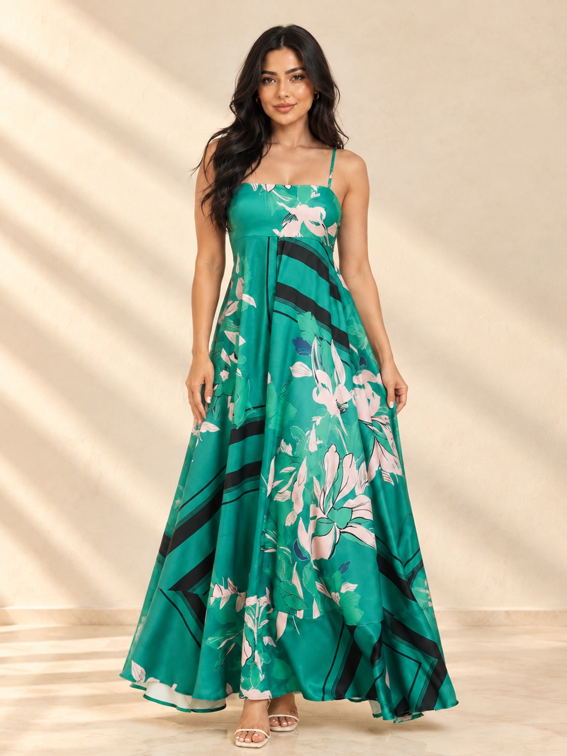 Green Floral Maxi Dress - Strappy Fit and Flare