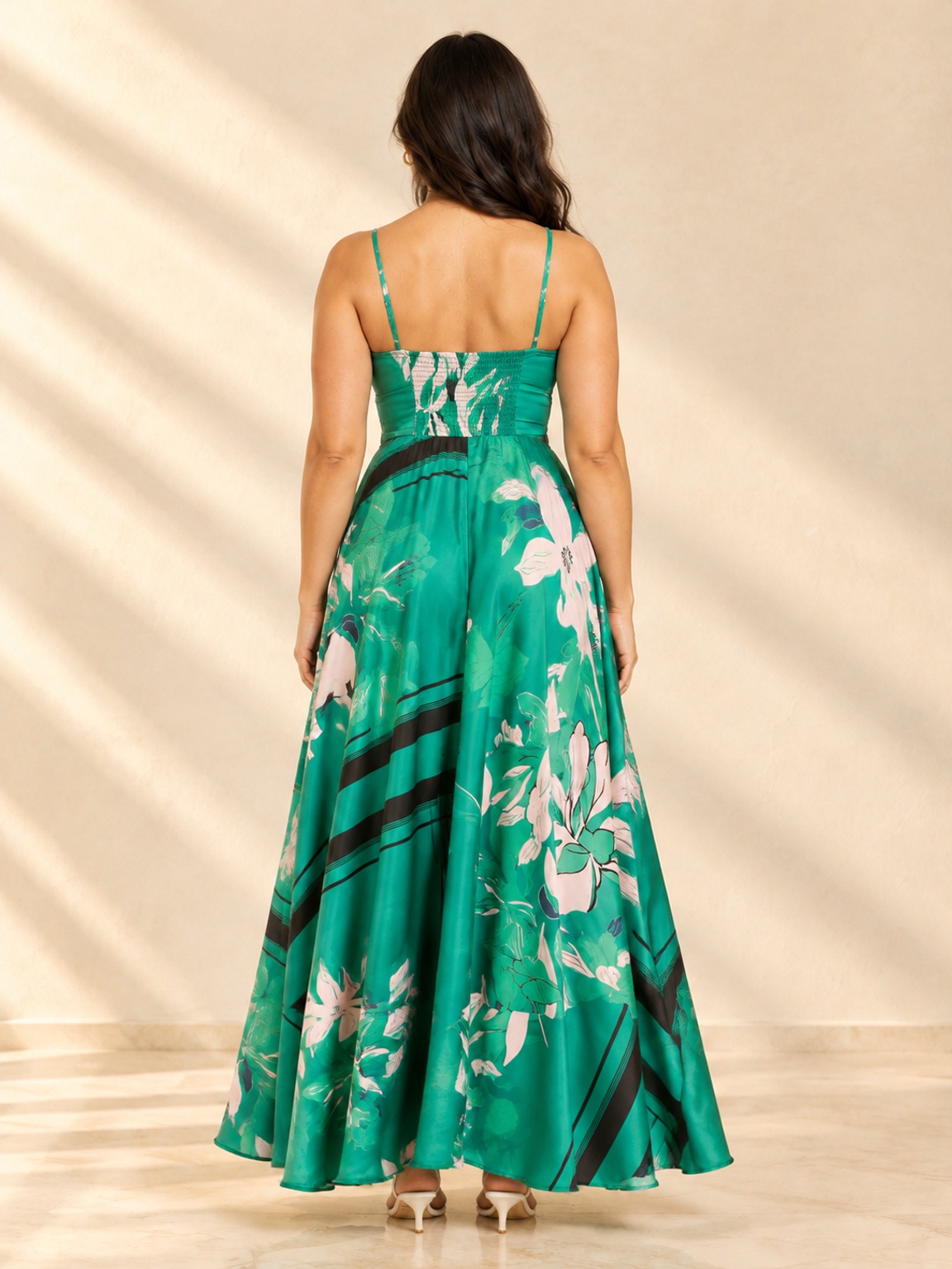 Green Floral Maxi Dress - Strappy Fit and Flare