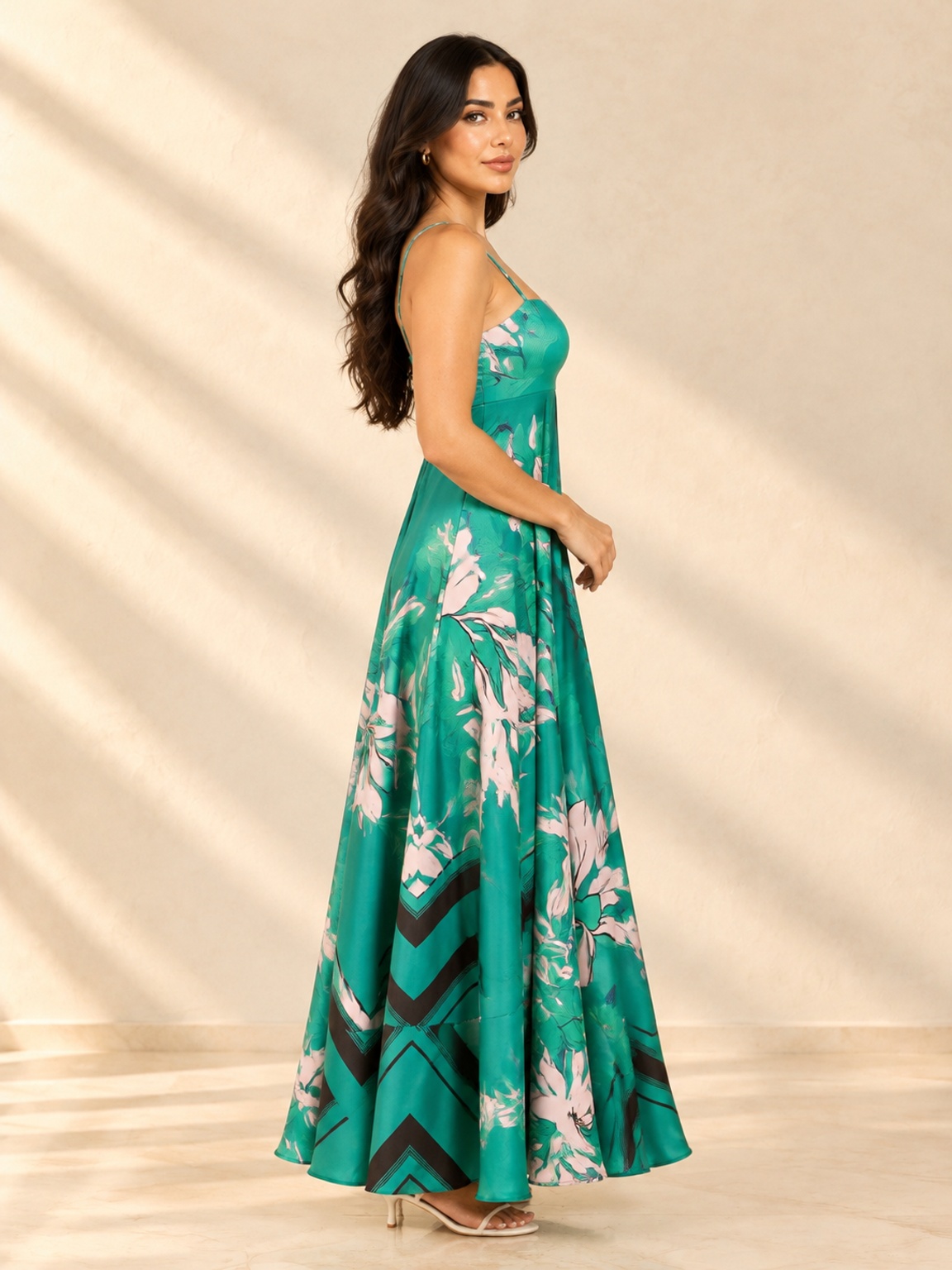 Green Floral Maxi Dress - Strappy Fit and Flare