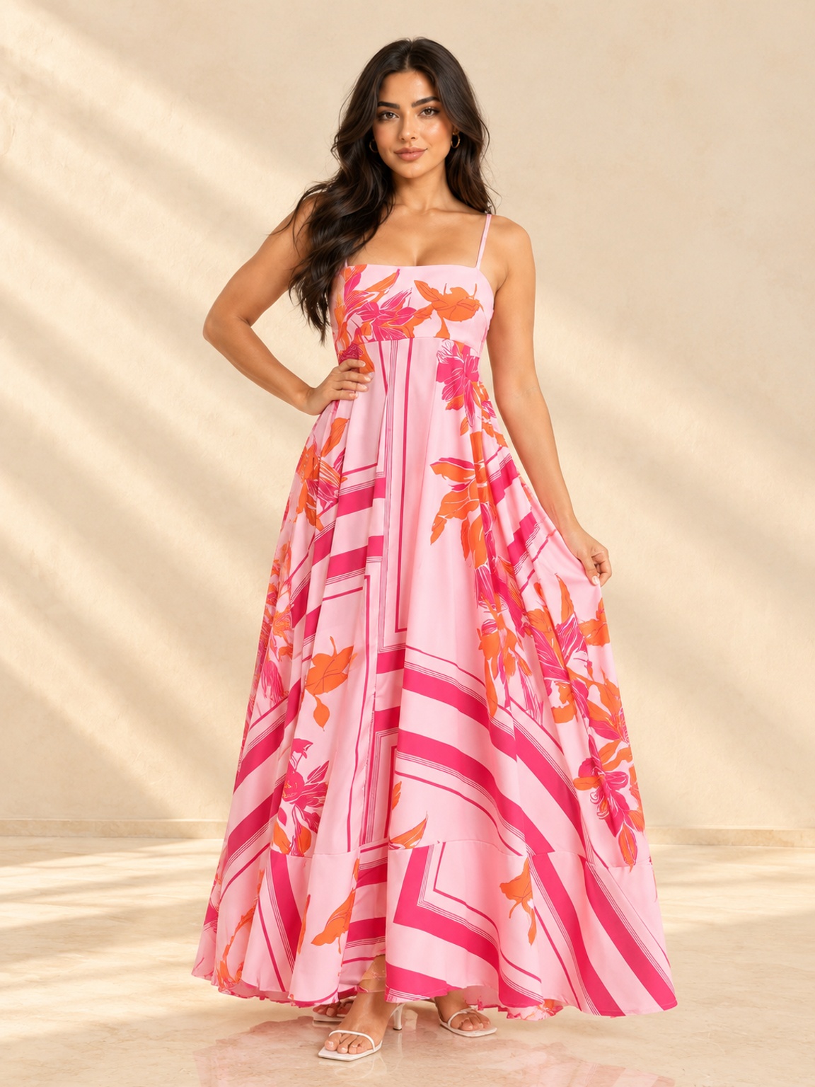 Pink Floral A-Line Strappy Maxi Dress