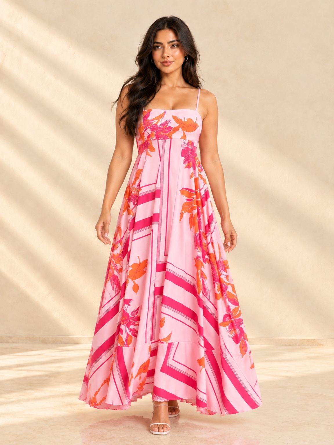 Pink Floral A-Line Strappy Maxi Dress