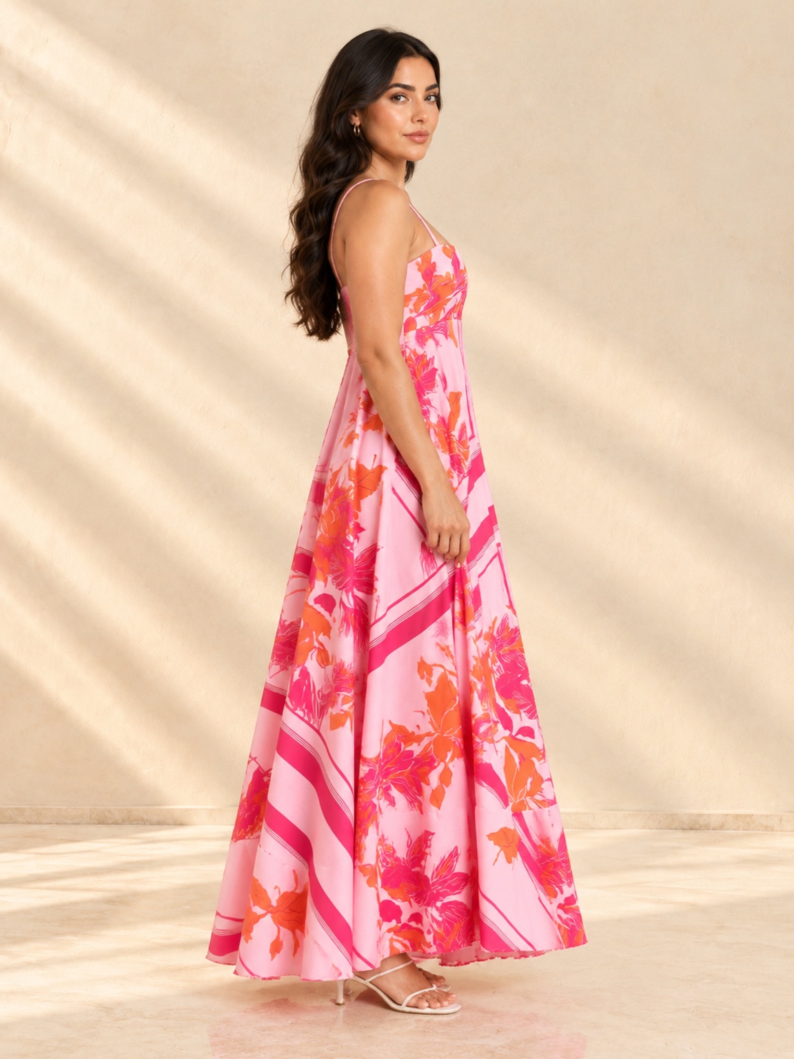 Pink Floral A-Line Strappy Maxi Dress