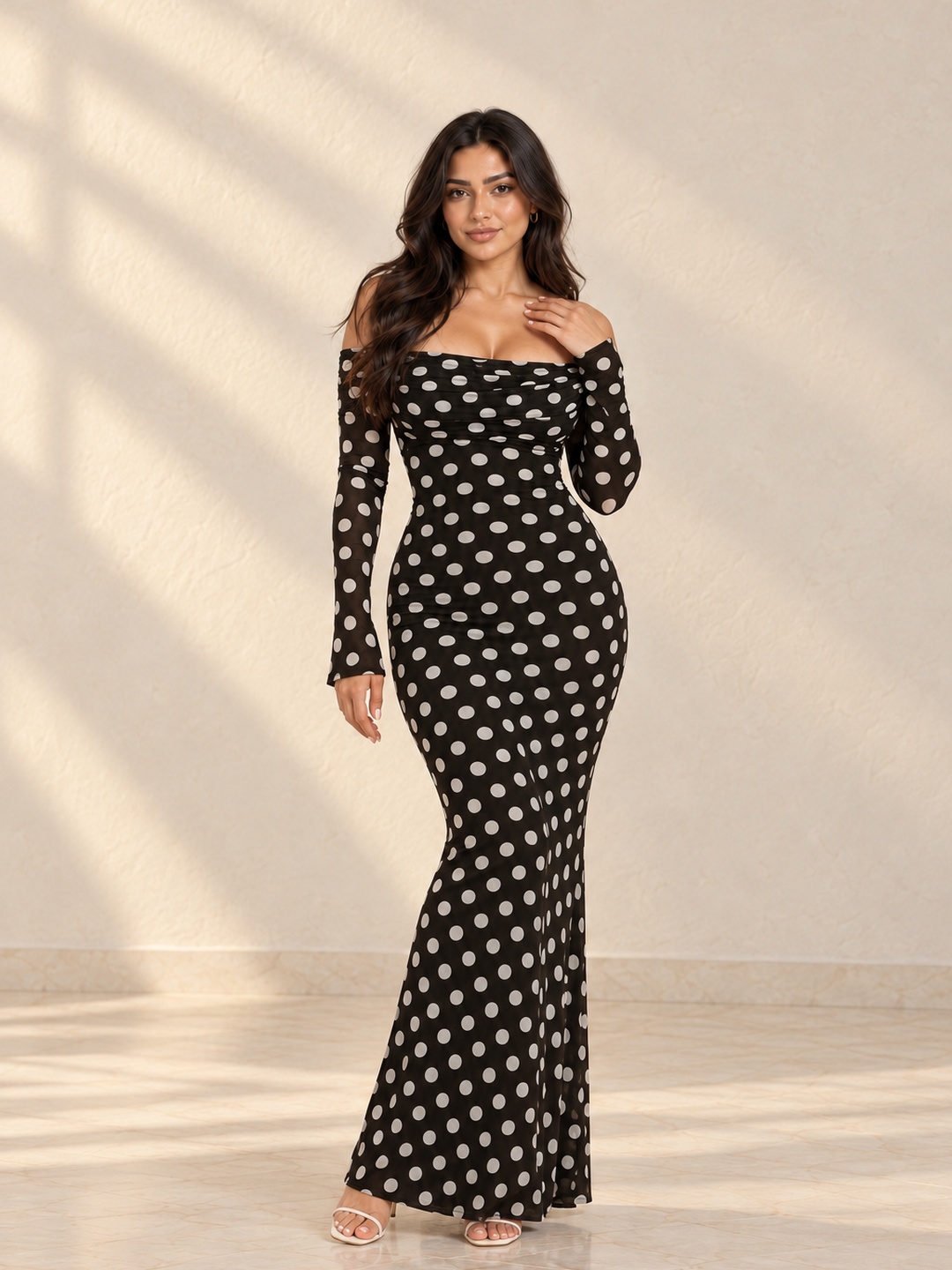 Black Polka Dot Long Sleeve Maxi Bodycon Dress