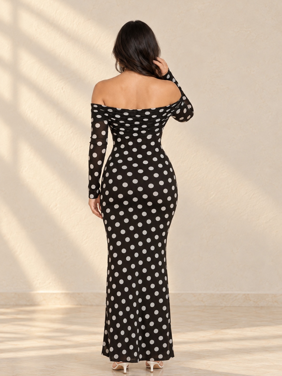 Black Polka Dot Long Sleeve Maxi Bodycon Dress