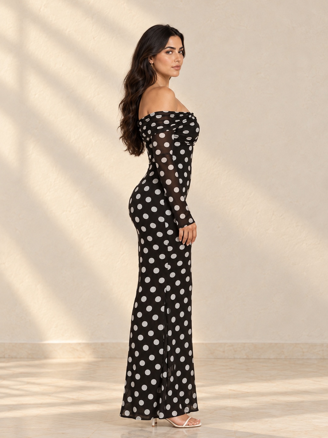 Black Polka Dot Long Sleeve Maxi Bodycon Dress