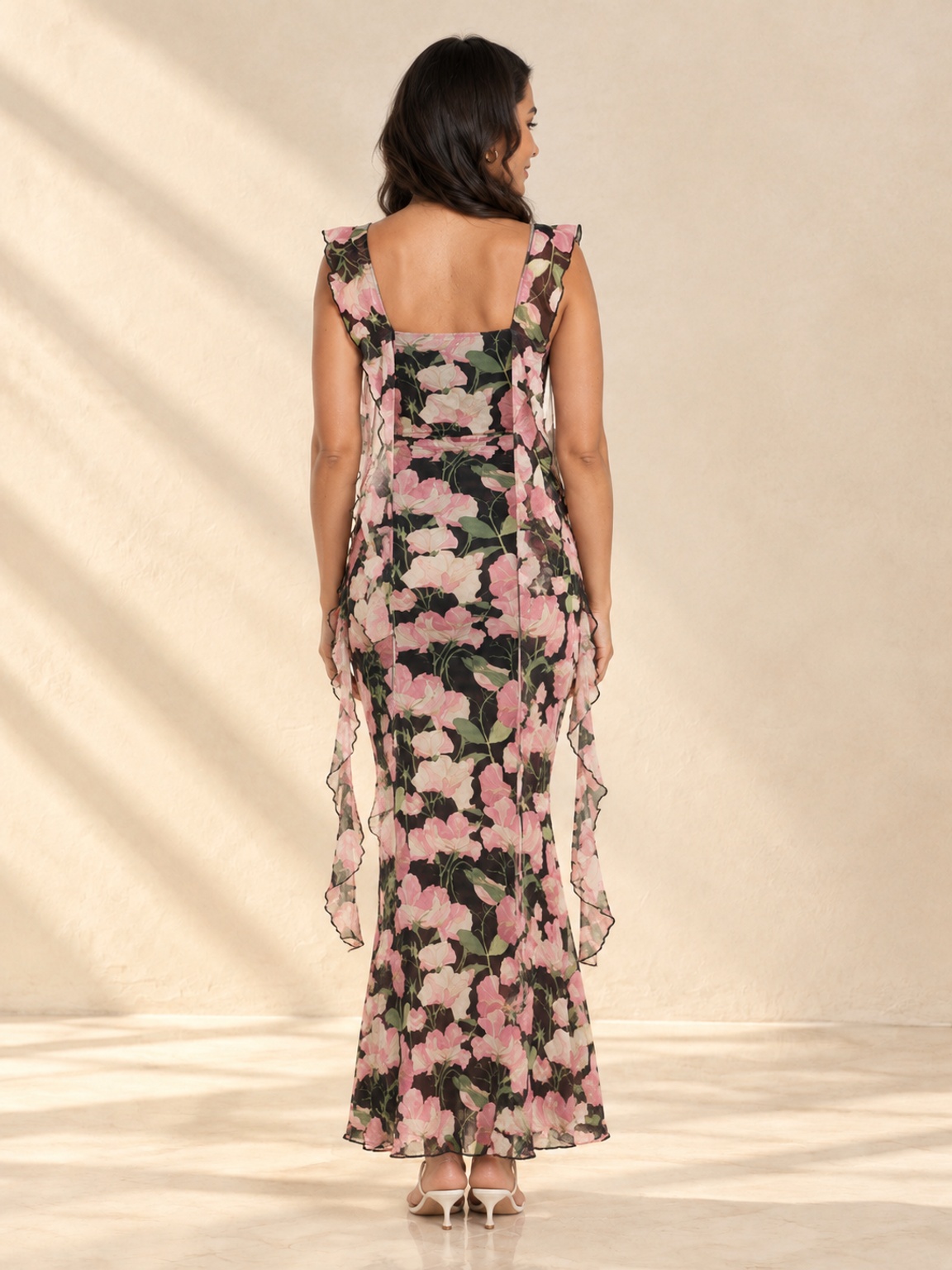 Floral Bodycon Maxi Dress with Ruffle Straps