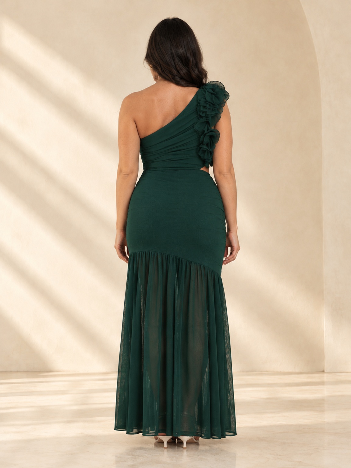 Green Sleeveless Mermaid Maxi Dress with Ruffle Detail