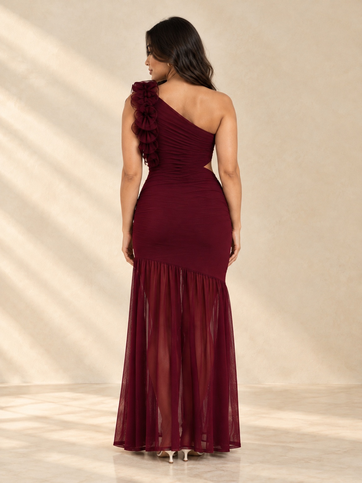 Red One-Shoulder Mermaid Maxi Dress with Sheer Hem