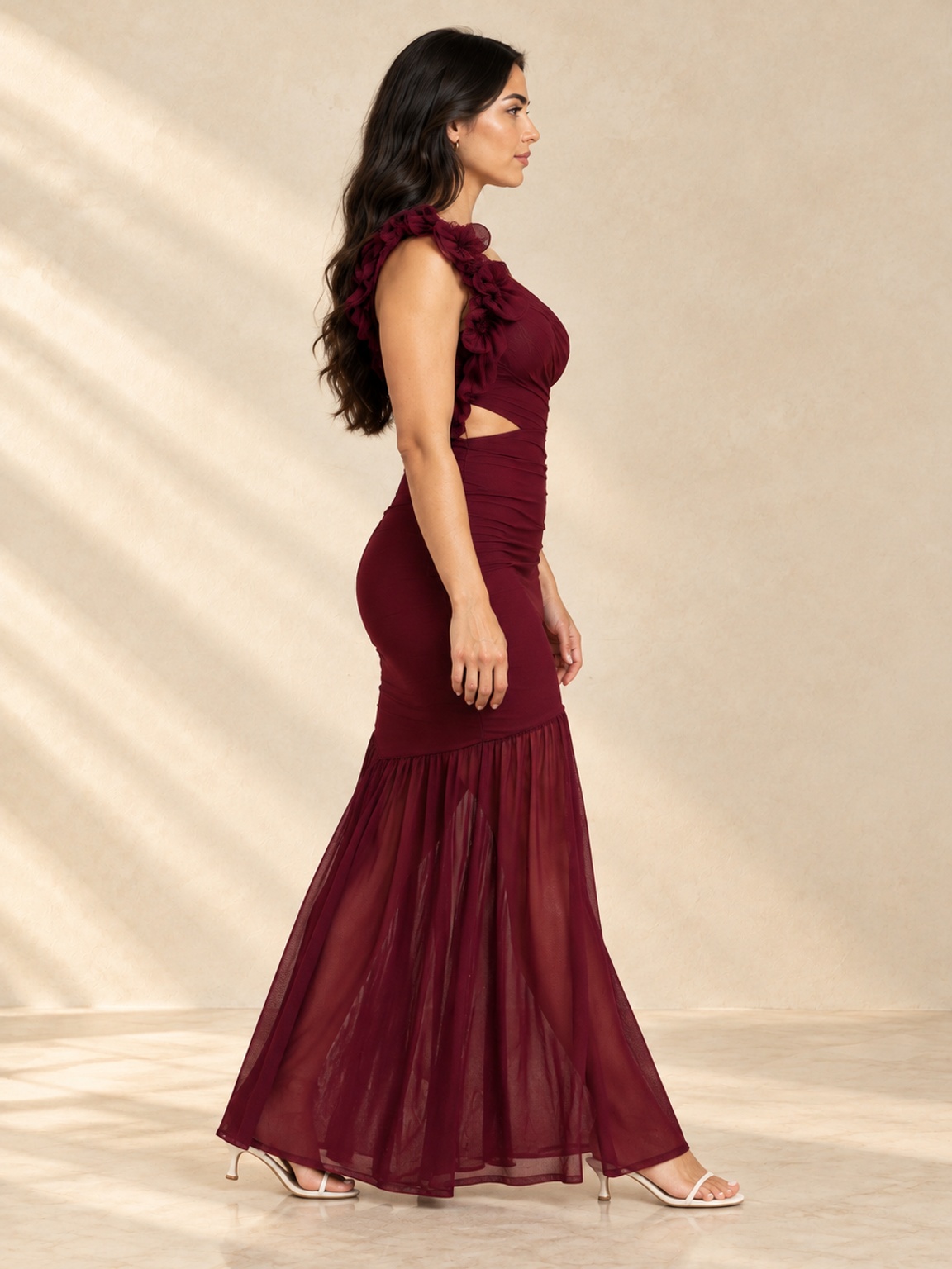 Red One-Shoulder Mermaid Maxi Dress with Sheer Hem