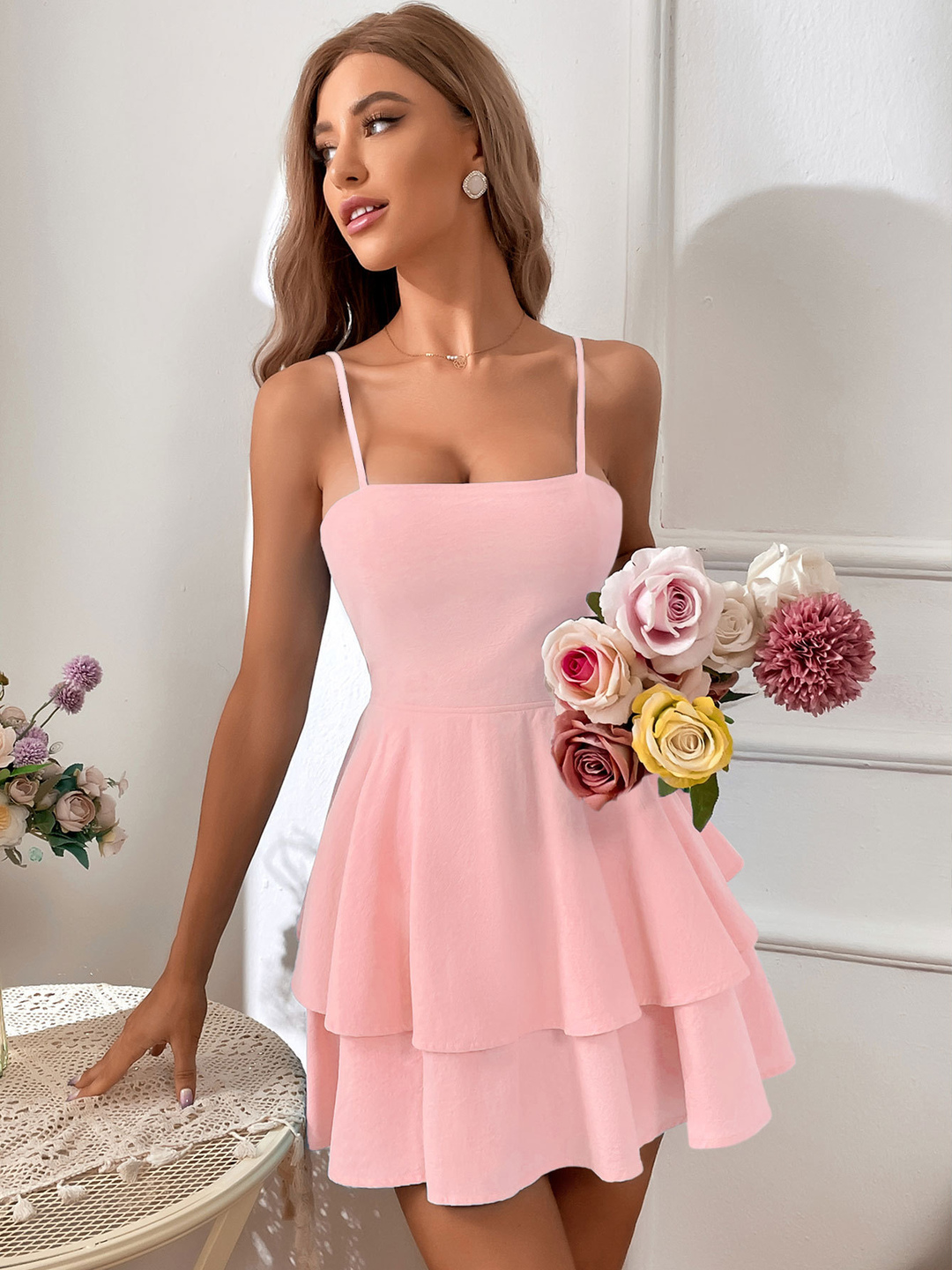 Pink Tiered Skater Mini Dress with Strappy Neckline