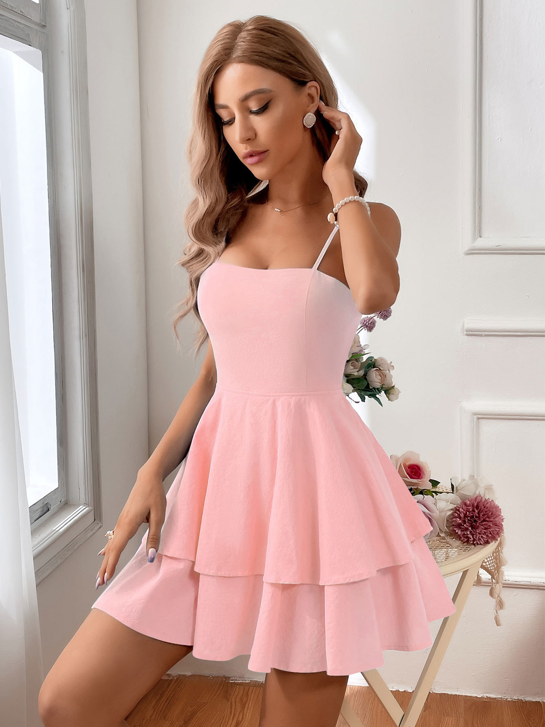 Pink Tiered Skater Mini Dress with Strappy Neckline