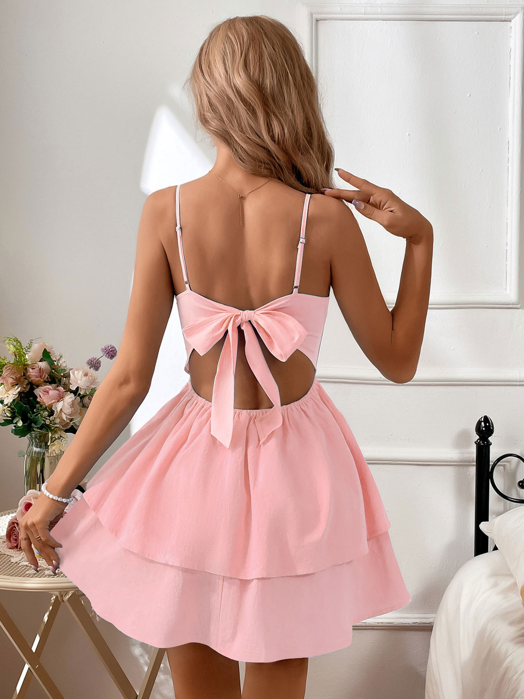 Pink Tiered Skater Mini Dress with Strappy Neckline