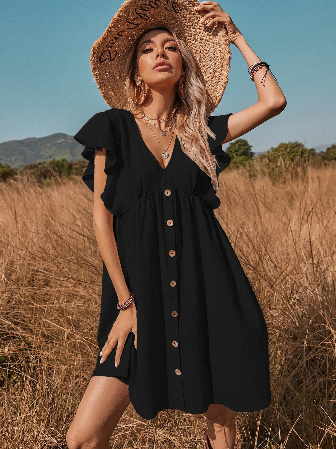 Black A-Line Mini Dress with Ruffle Sleeves and Button Front