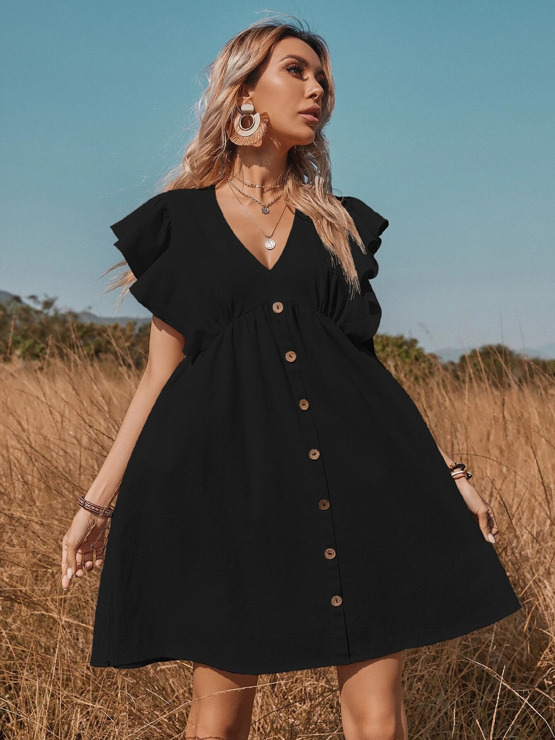 Black A-Line Mini Dress with Ruffle Sleeves and Button Front