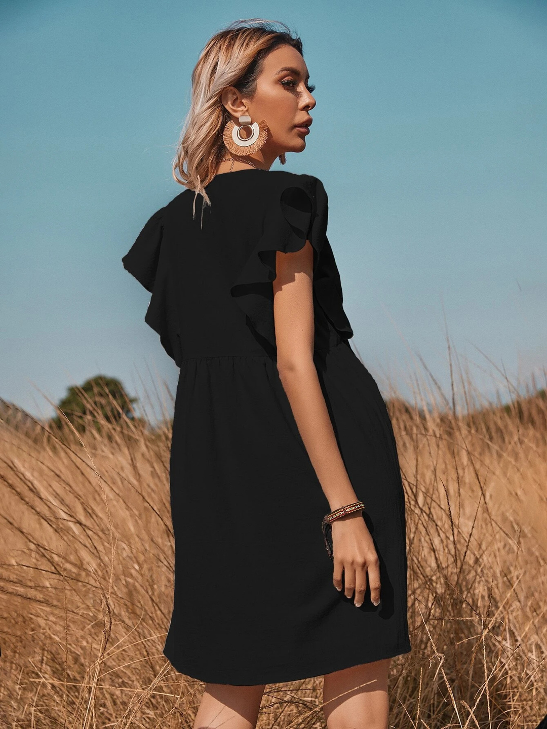 Black A-Line Mini Dress with Ruffle Sleeves and Button Front