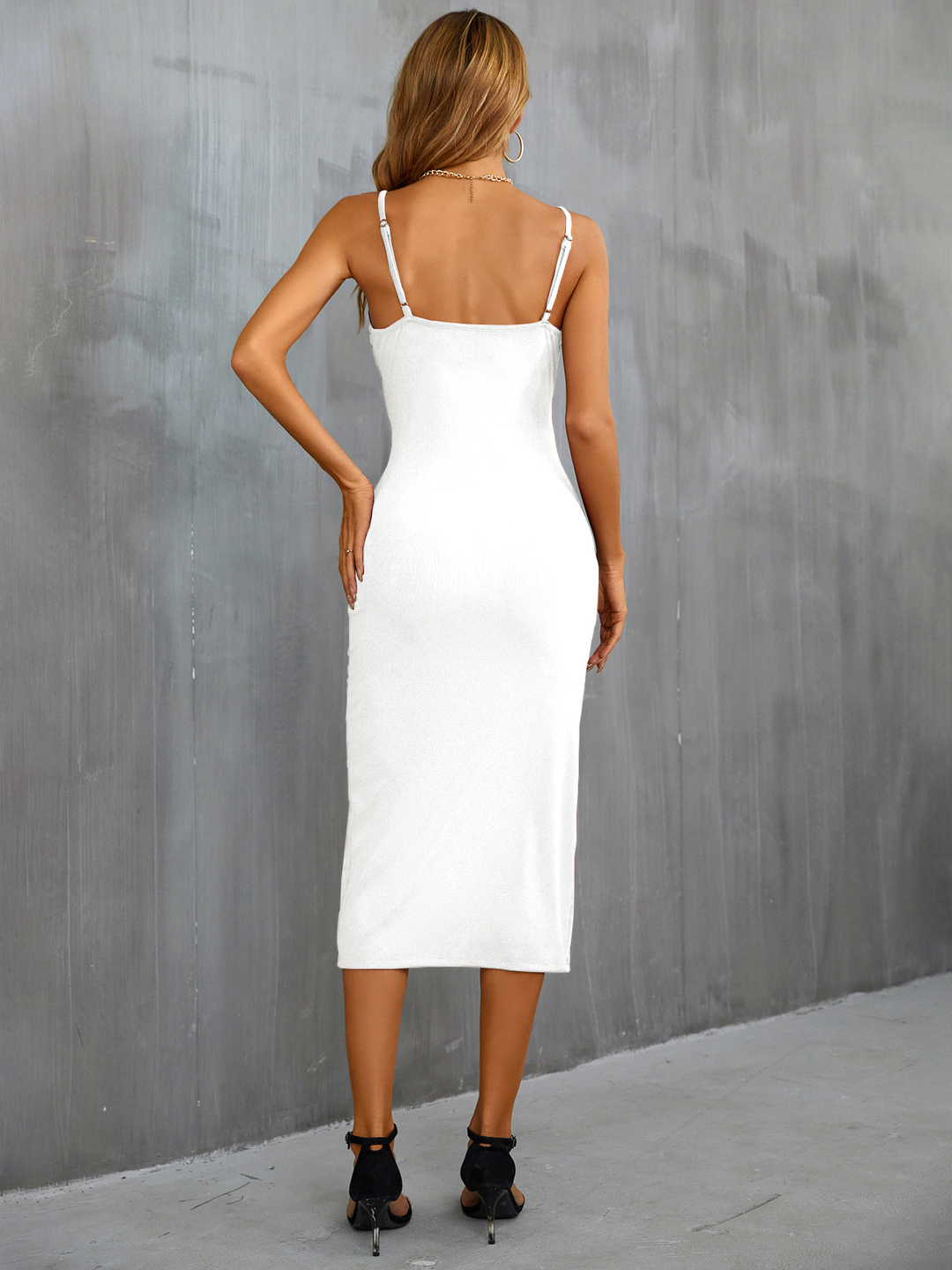 White Midi Sheath Dress with Buttons and Slit