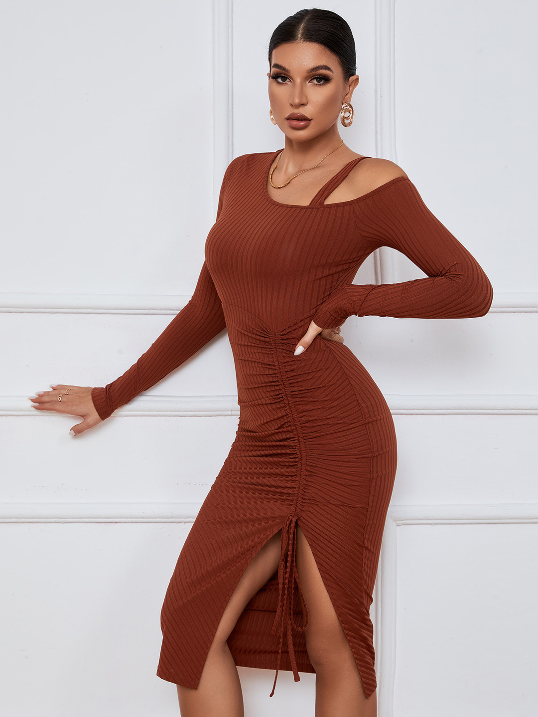 Brown Ribbed Bodycon Midi Dress with Drawstring Slit - Long Sleeve 