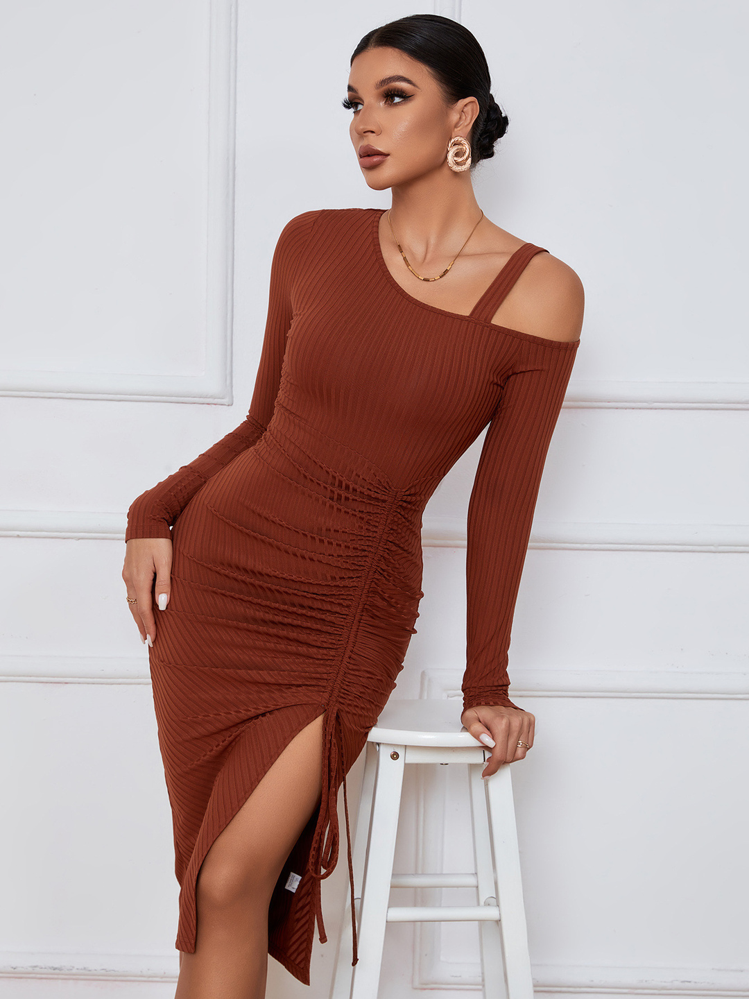 Brown Ribbed Bodycon Midi Dress with Drawstring Slit - Long Sleeve 