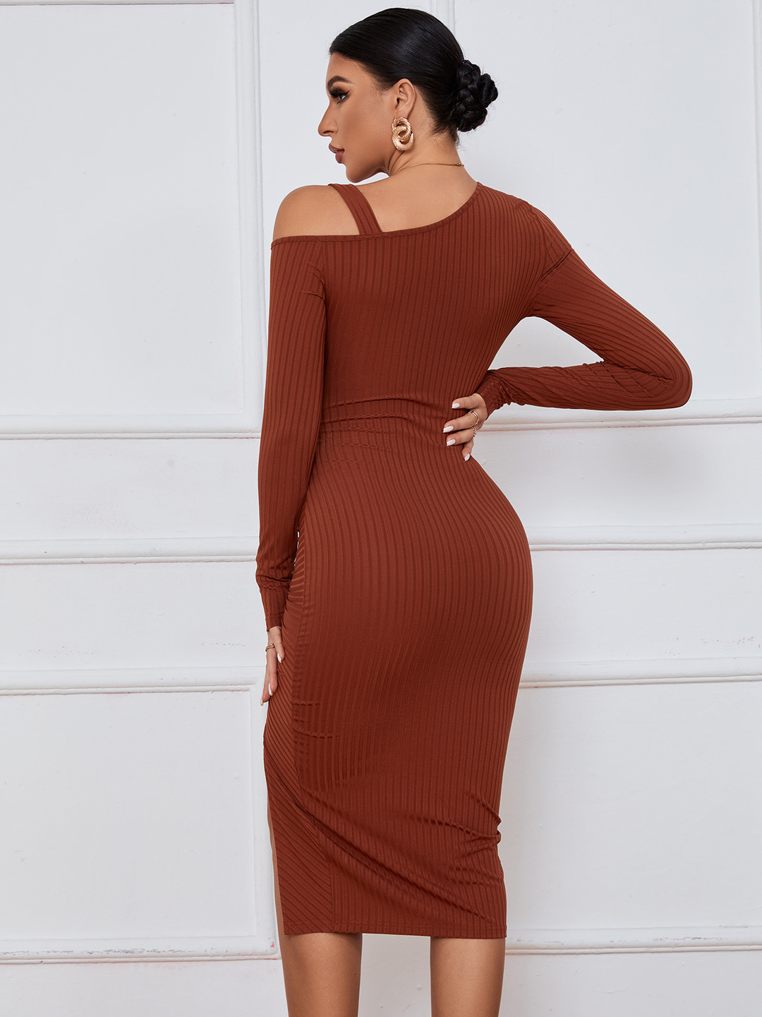 Brown Ribbed Bodycon Midi Dress with Drawstring Slit - Long Sleeve 