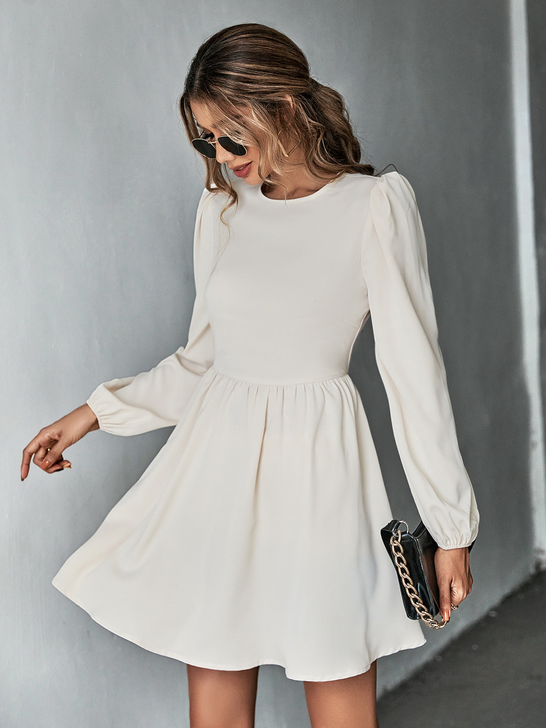 Cream A-Line Mini Dress with Long Puff Sleeves -