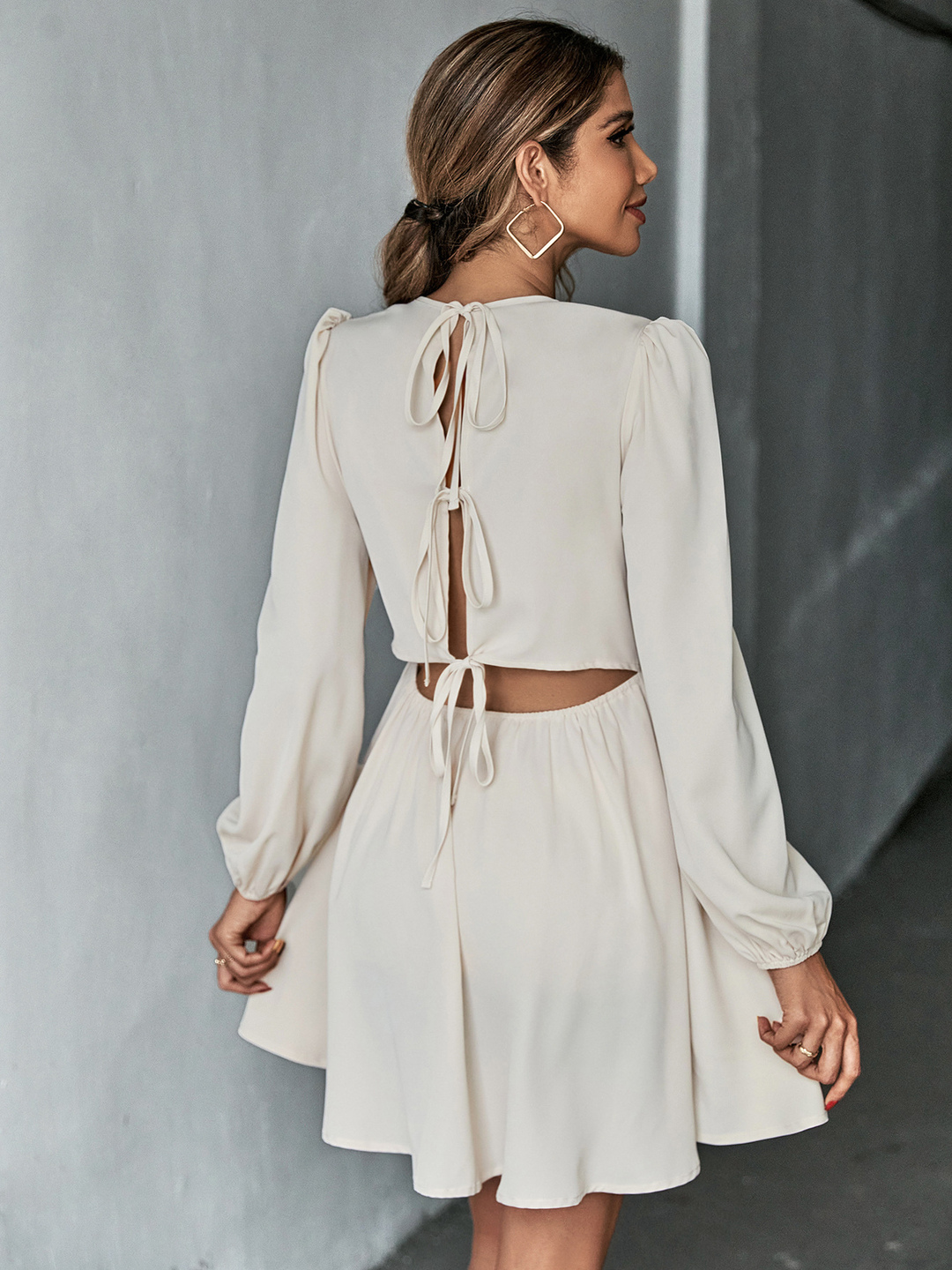 Cream A-Line Mini Dress with Long Puff Sleeves -