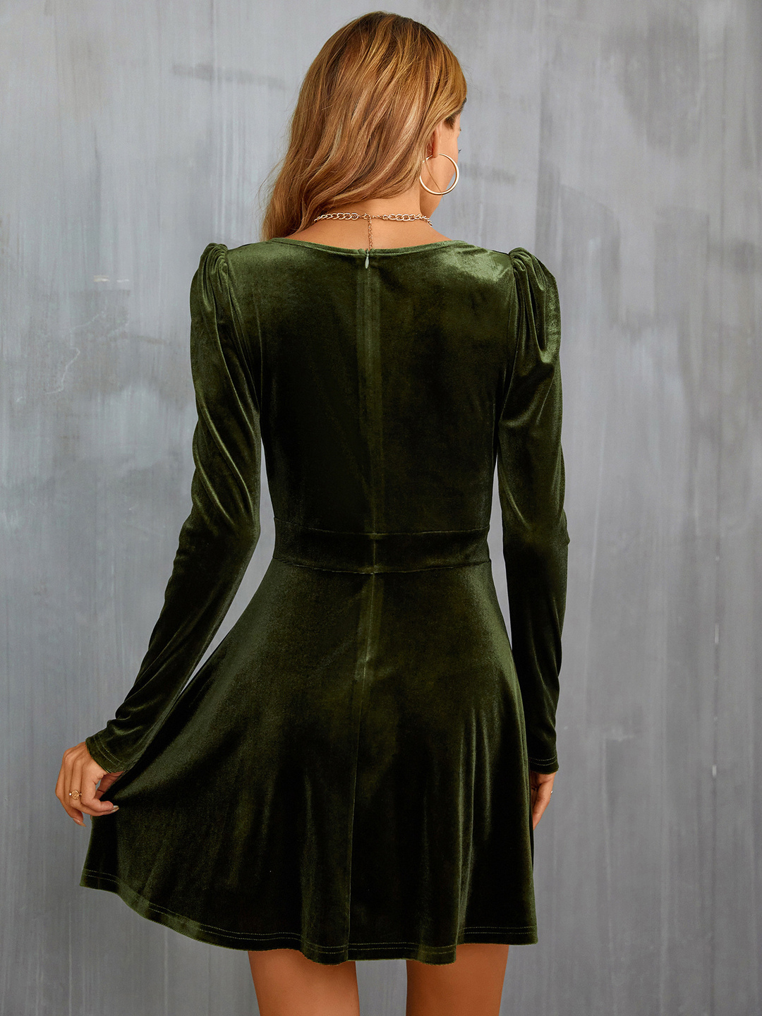 Green Velvet Mini Dress with Long Sleeves -