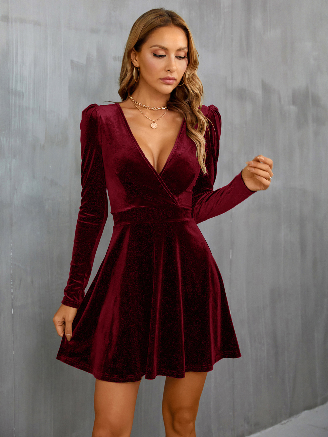 Red Velvet Mini Dress with Long Puff Sleeves