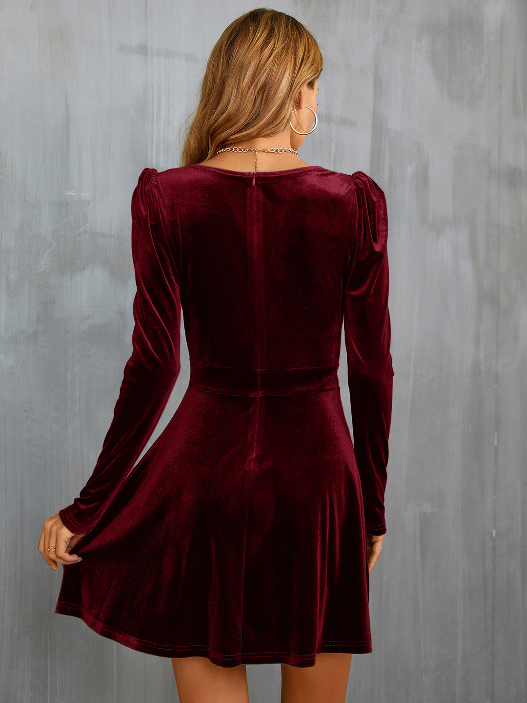 Red Velvet Mini Dress with Long Puff Sleeves