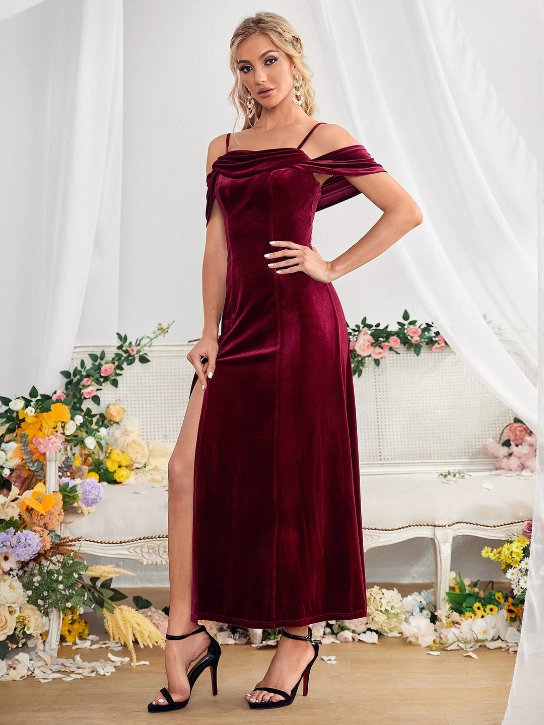 Wine Red Velvet Midi Dress with Off-Shoulder Detail