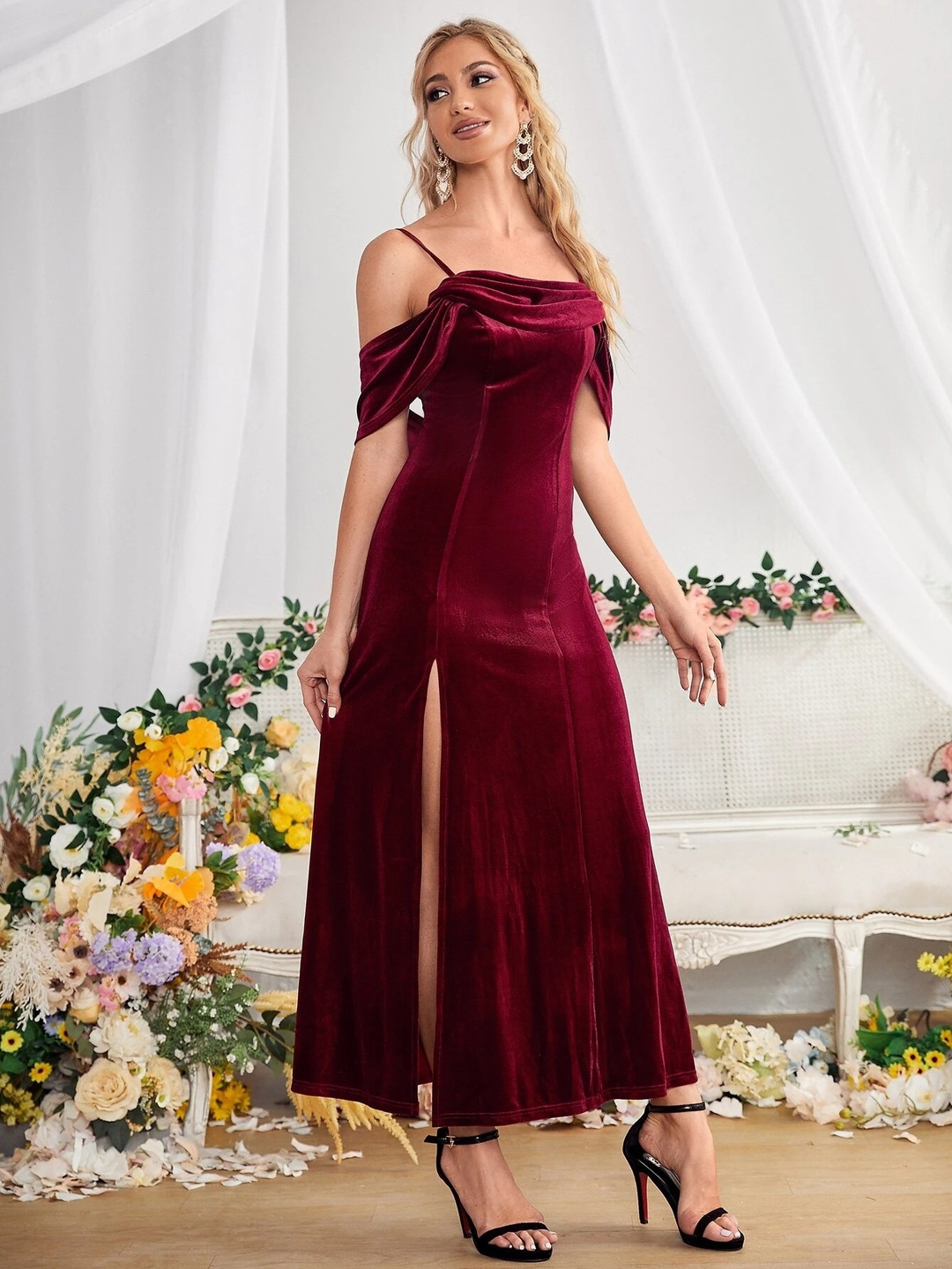 Wine Red Velvet Midi Dress with Off-Shoulder Detail
