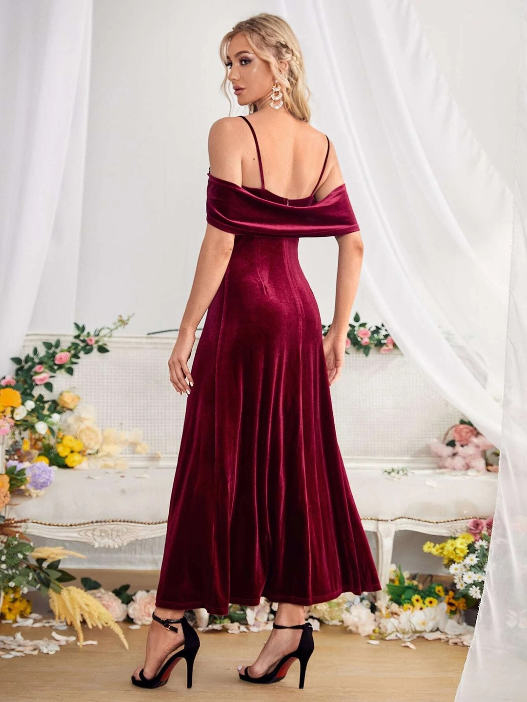 Wine Red Velvet Midi Dress with Off-Shoulder Detail