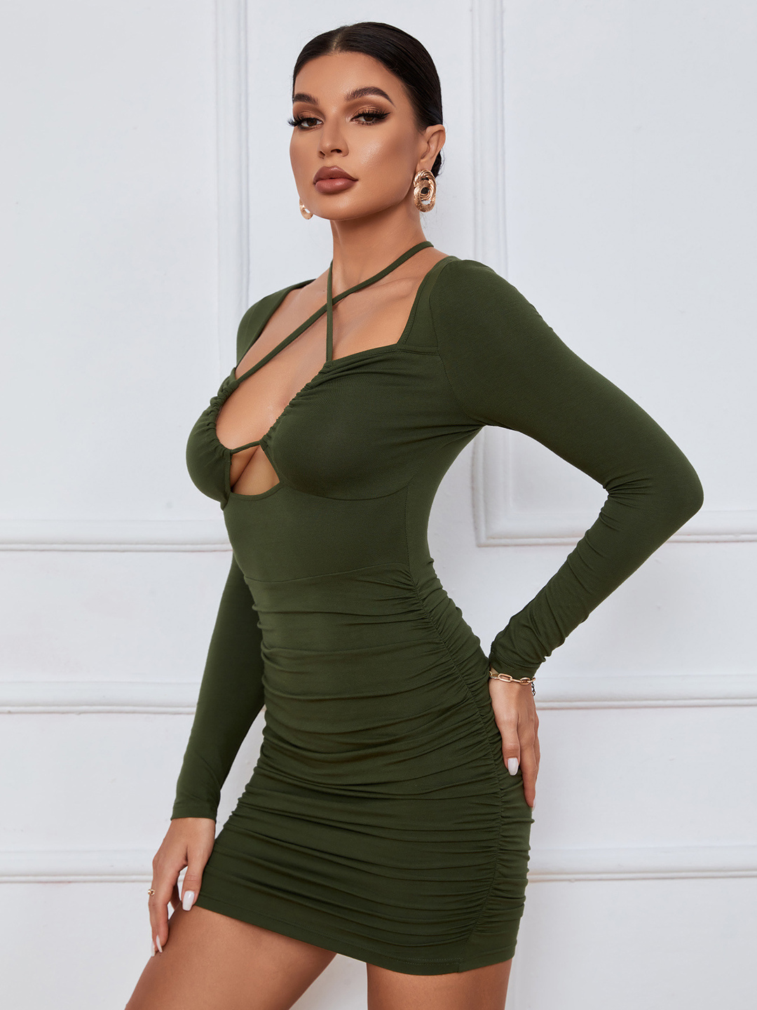 Dark Green Bodycon Mini Dress with Crisscross Neckline and Long Sleeves