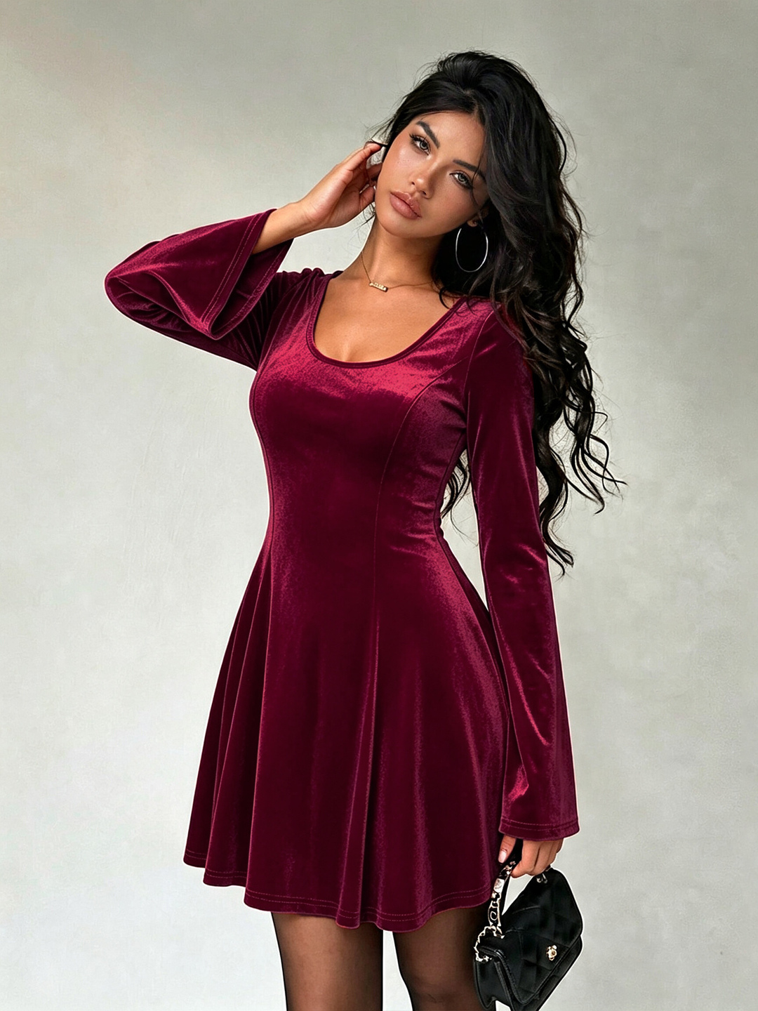 Maroon Velvet Fit and Flare Mini Dress - Long Sleeve