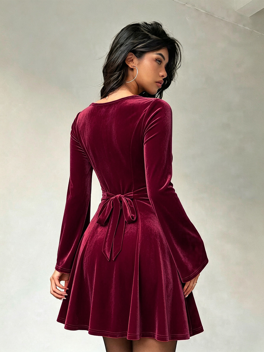 Maroon Velvet Fit and Flare Mini Dress - Long Sleeve