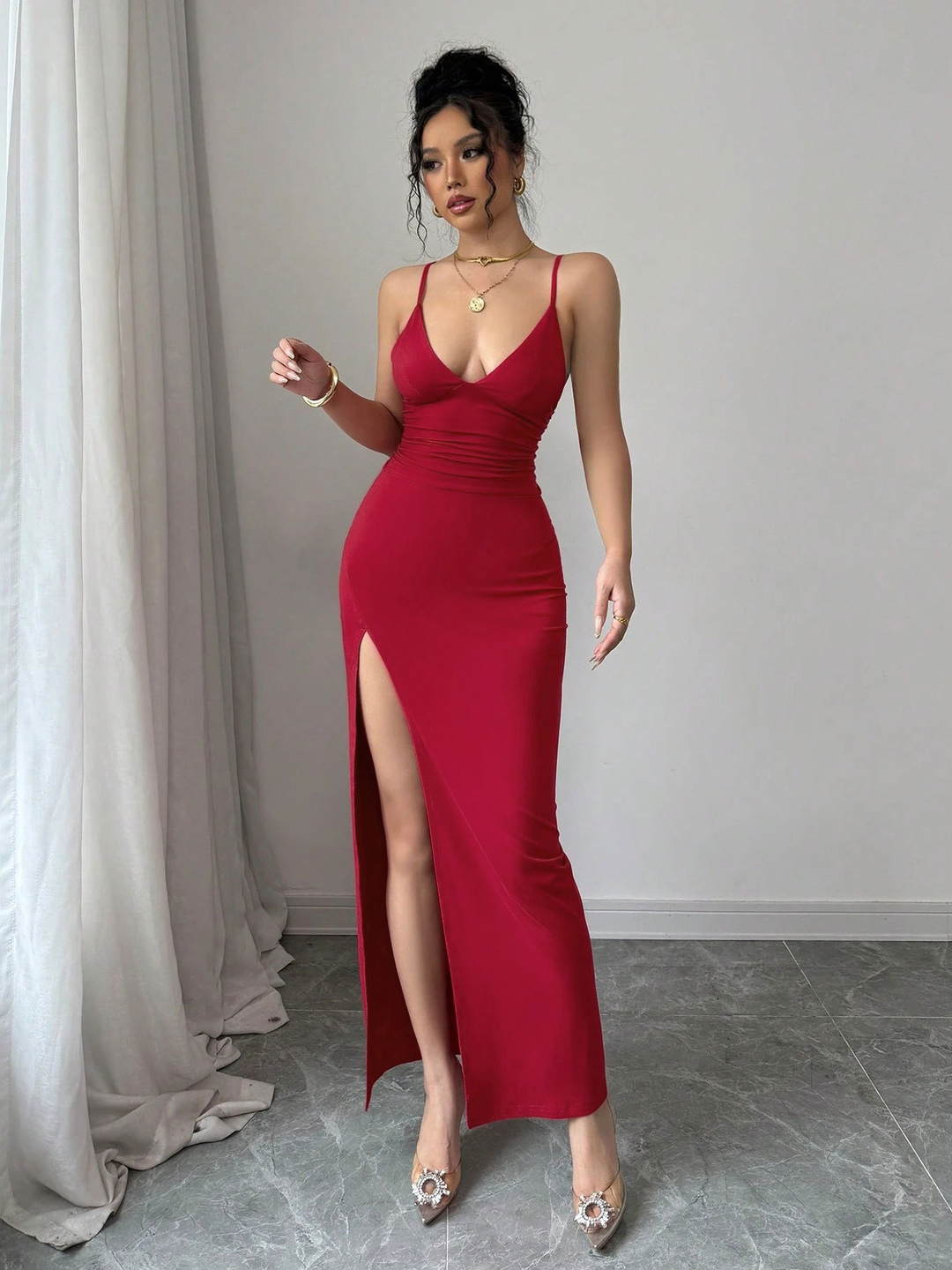 Red Bodycon Maxi Dress with High Slit - Strappy and Plain