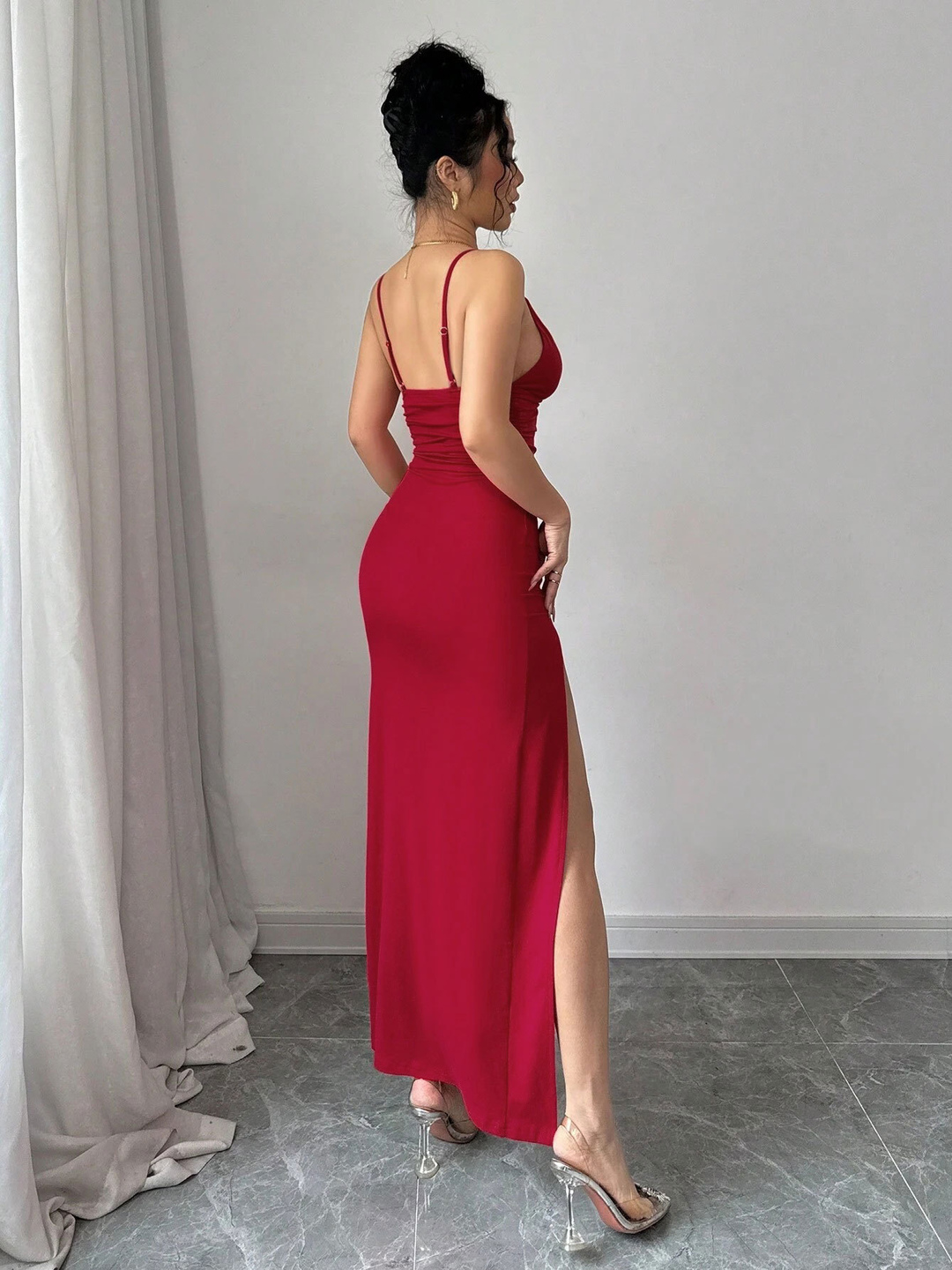 Red Bodycon Maxi Dress with High Slit - Strappy and Plain