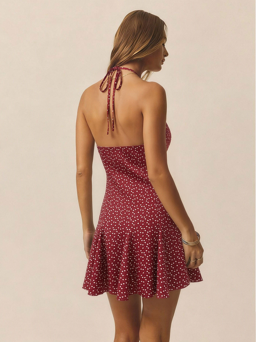 Maroon Polka Dot Fit and Flare Mini Dress with Strappy Neckline
