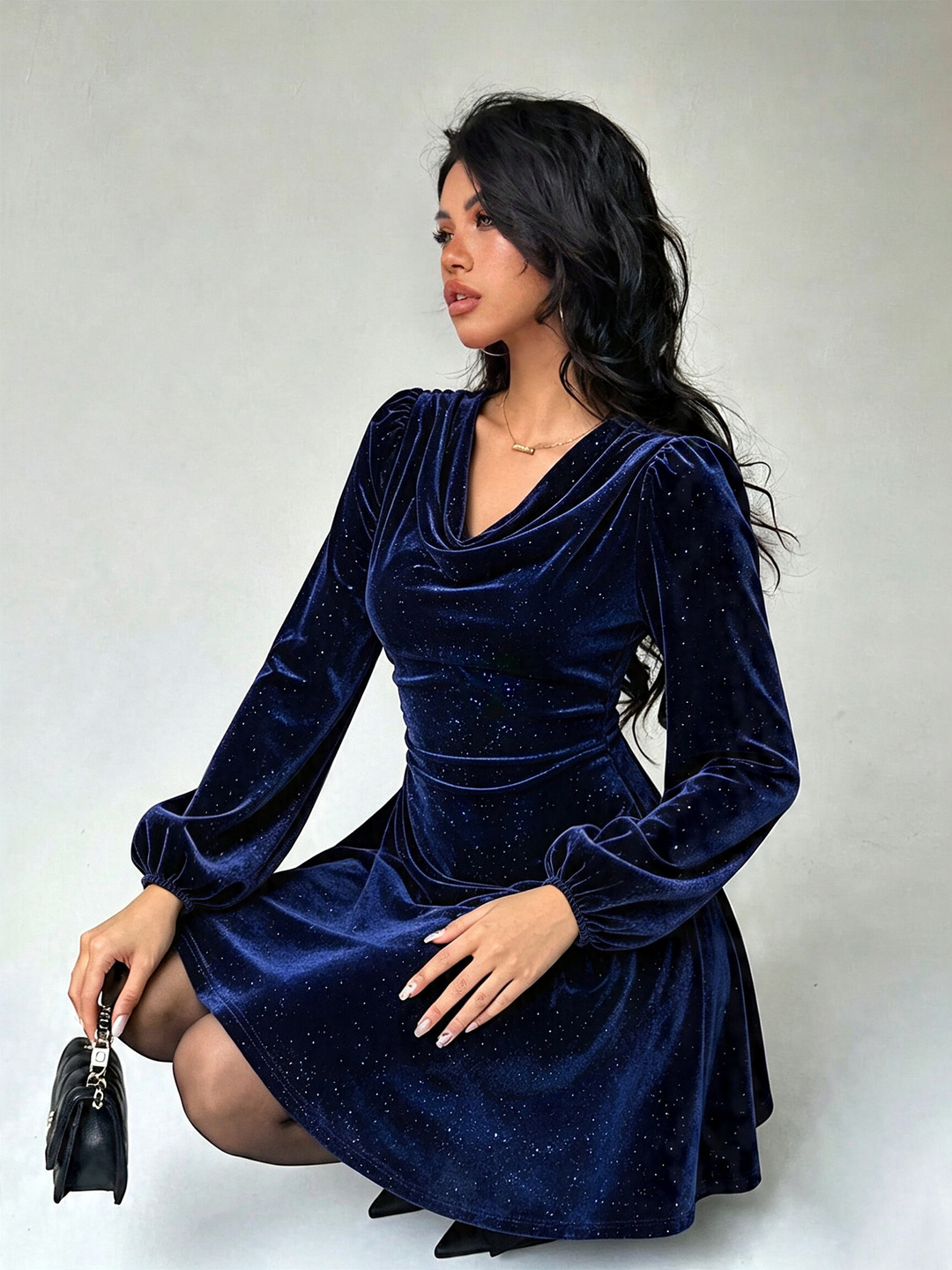 Blue Foil Print Velvet A-Line Mini Dress with Long Sleeves