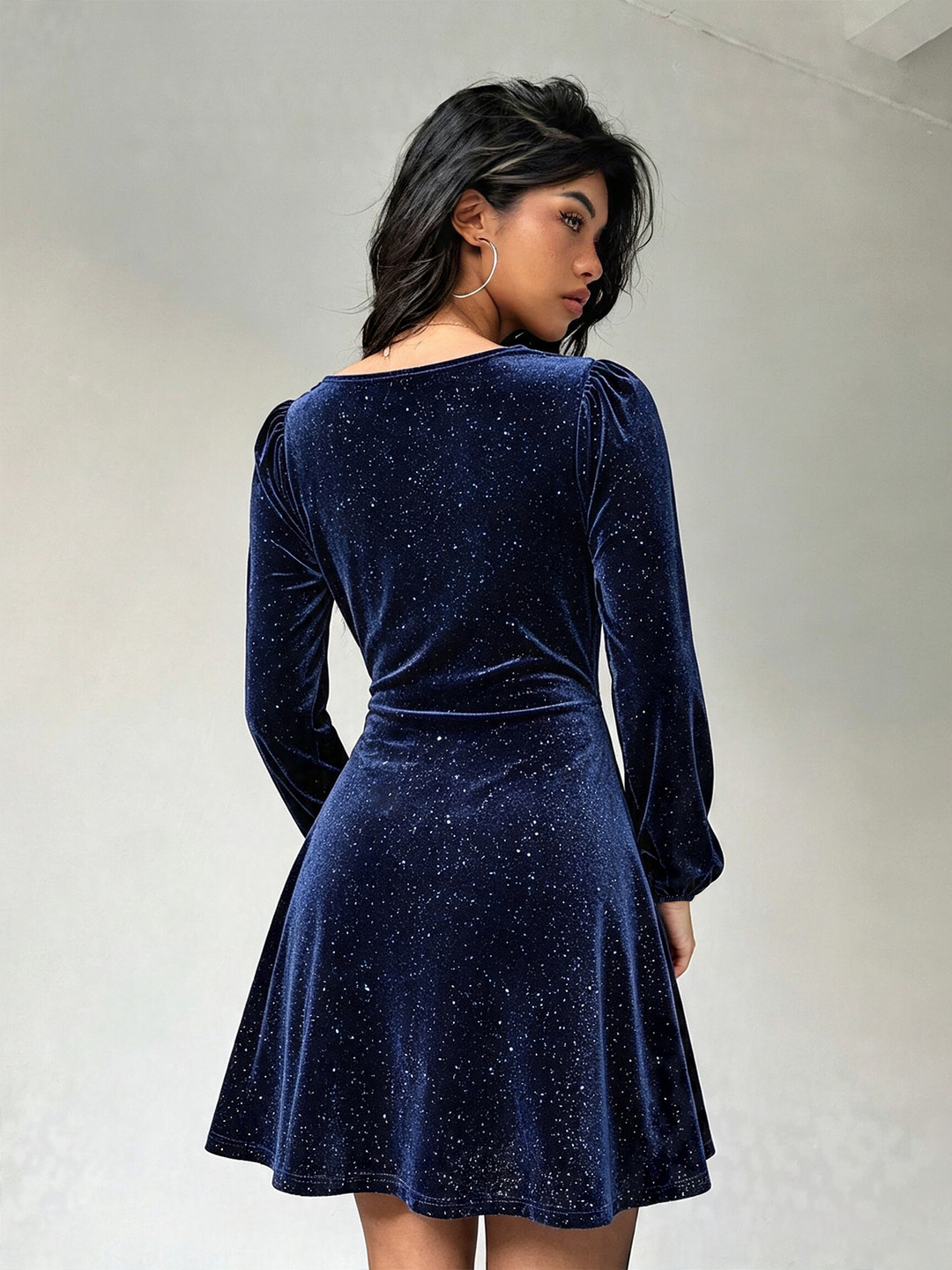 Blue Foil Print Velvet A-Line Mini Dress with Long Sleeves