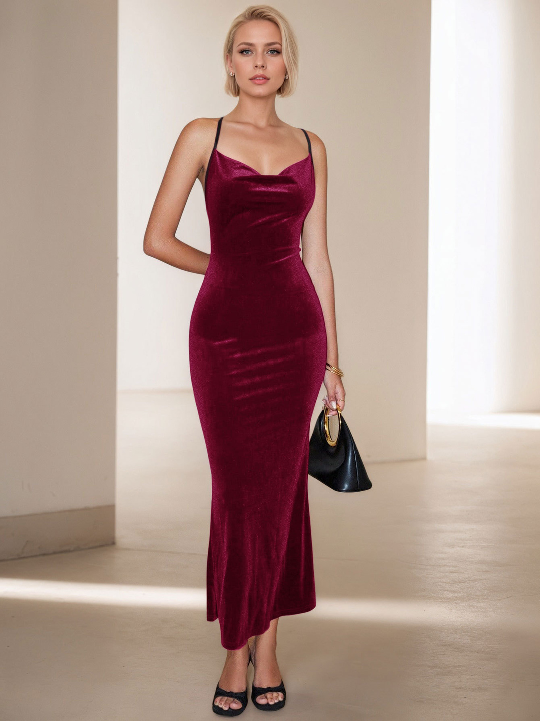 Burgundy Velvet Bodycon Maxi Dress with Strappy Cowl Neck