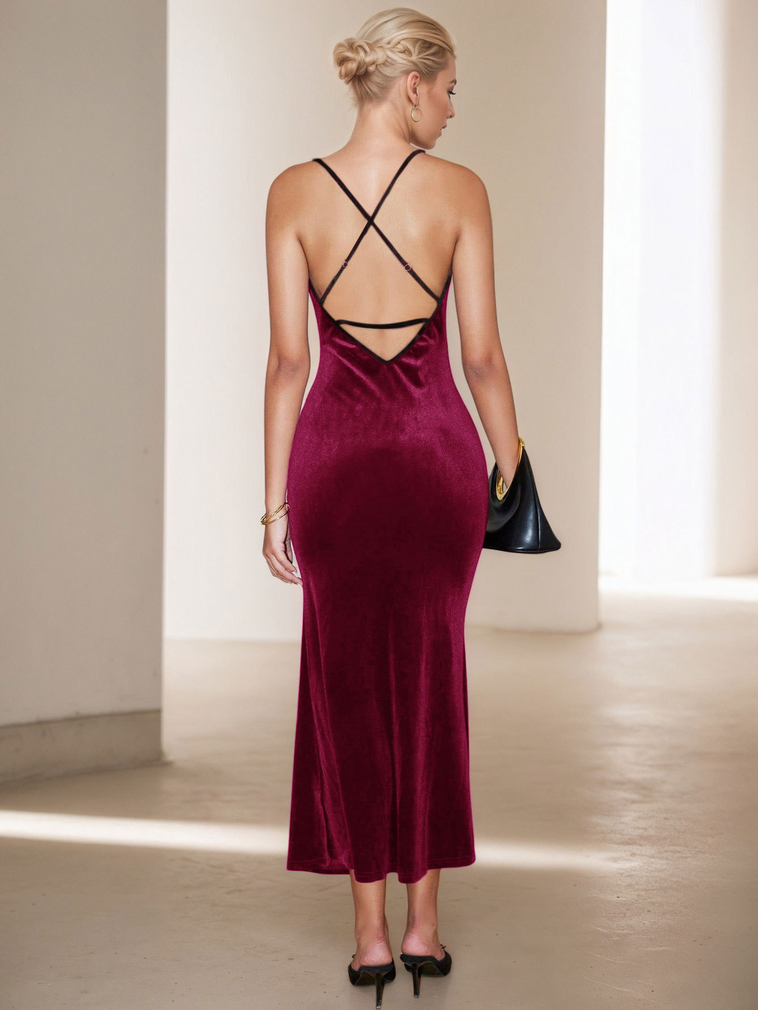 Burgundy Velvet Bodycon Maxi Dress with Strappy Cowl Neck