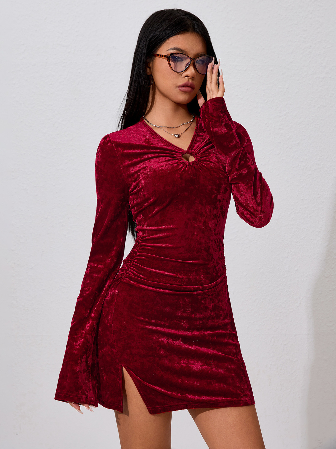 Womens Red Velvet Bodycon Mini Dress with Long Sleeves