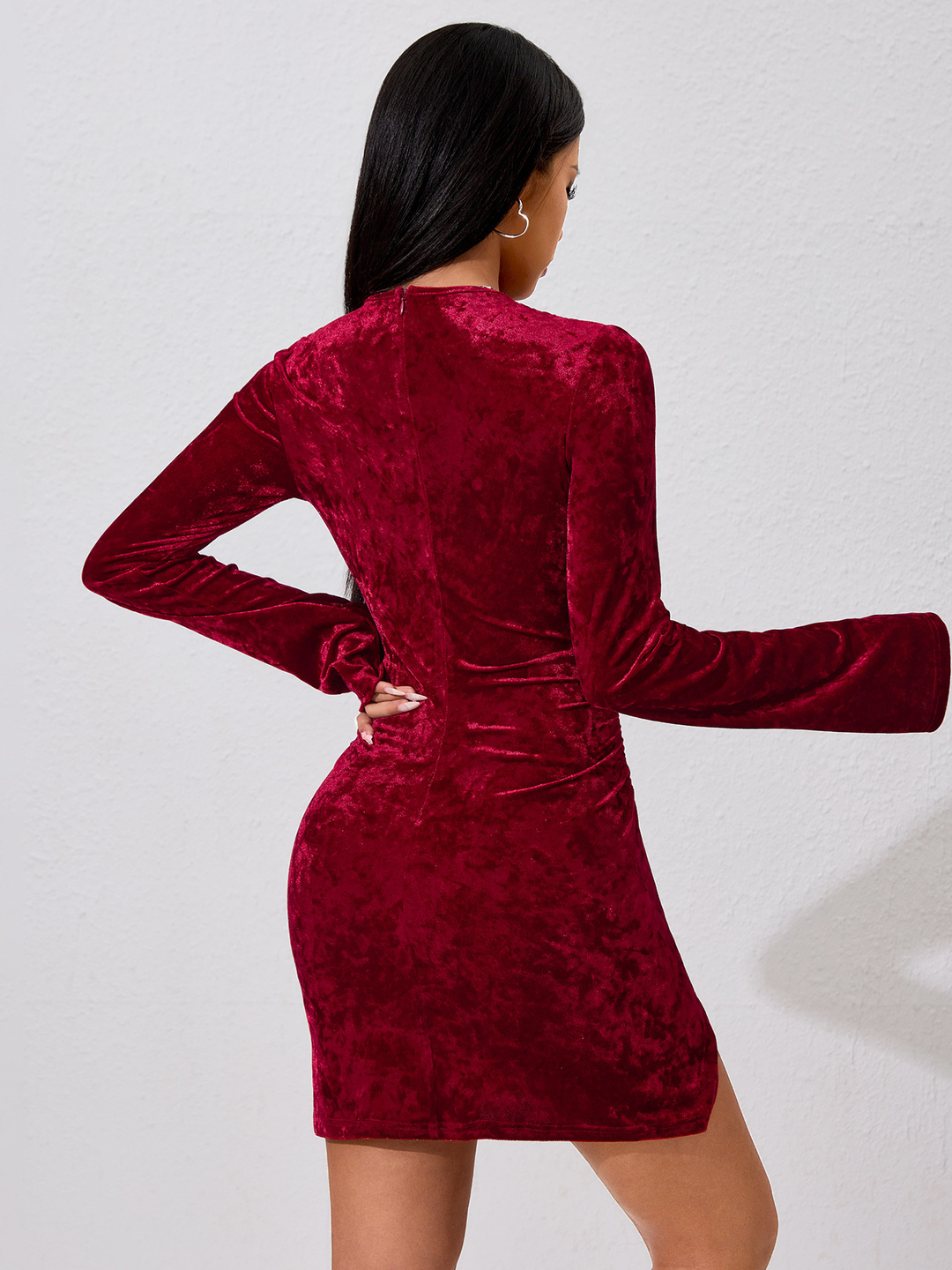 Womens Red Velvet Bodycon Mini Dress with Long Sleeves